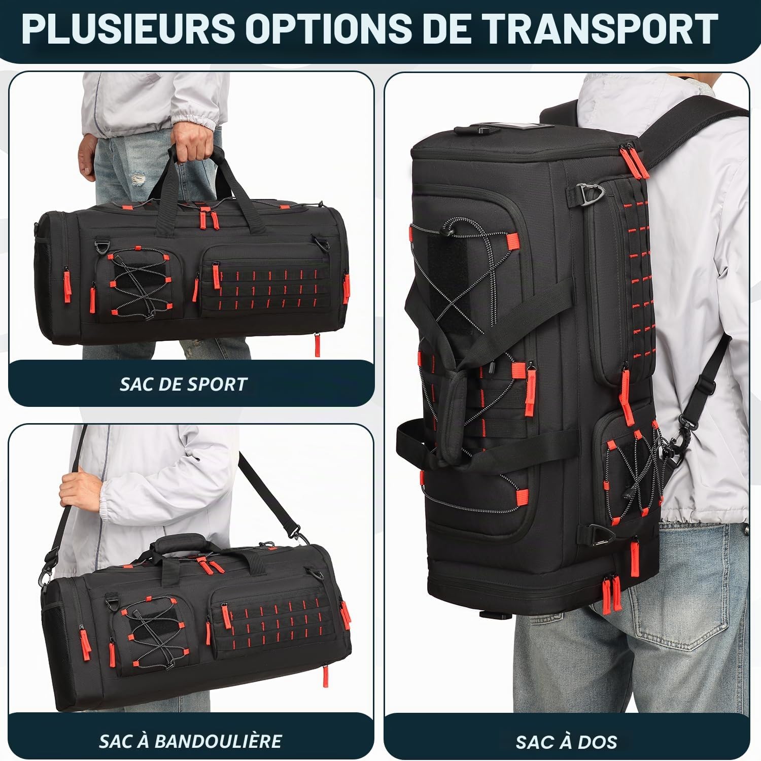 Sac de sport avec fonction sac à dos pour homme et femme 3 en 1 50 l - Grand sac de voyage tactique avec chaussures - Imperméable - Pour natation, alpinisme, voyage, weekend - Noir