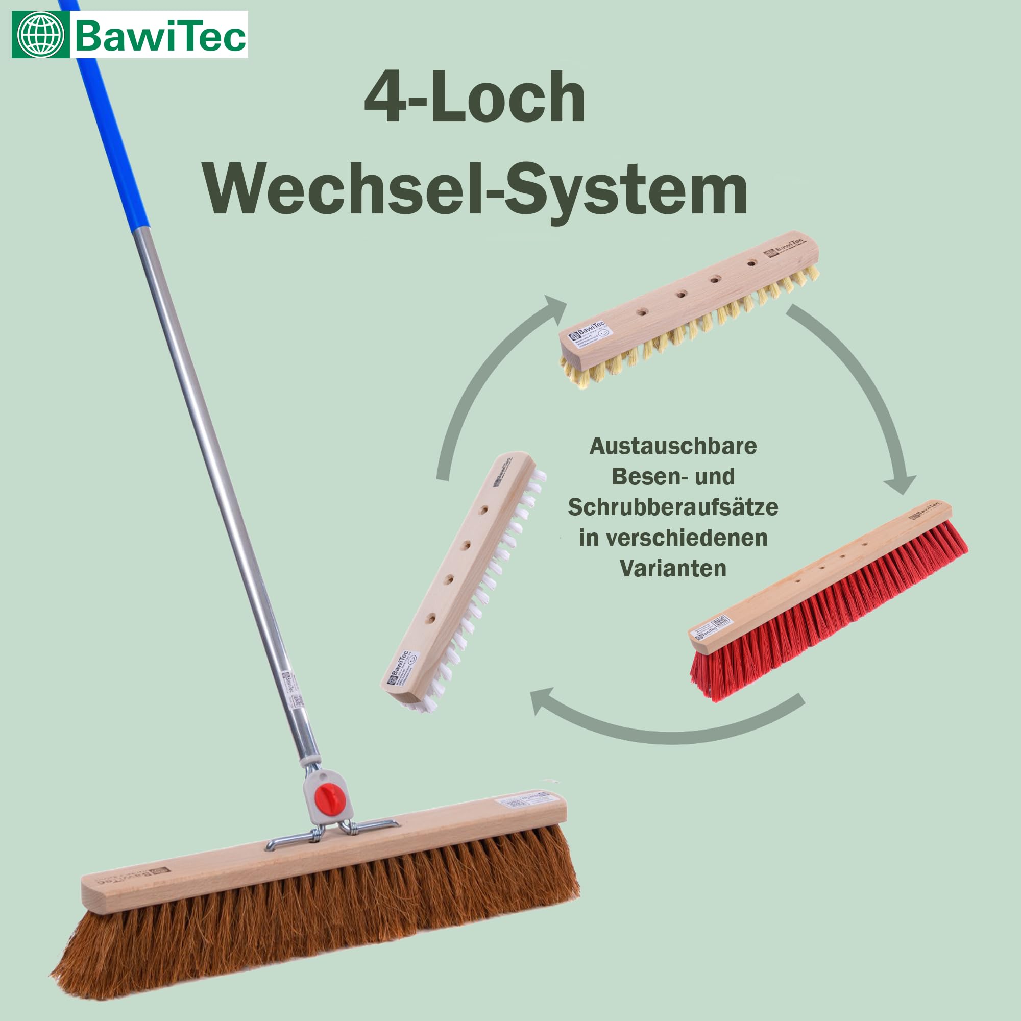 Kokos Borsten Saalbesen 50cm Breit mit 4-Loch-System Stiel Alustiel Besen