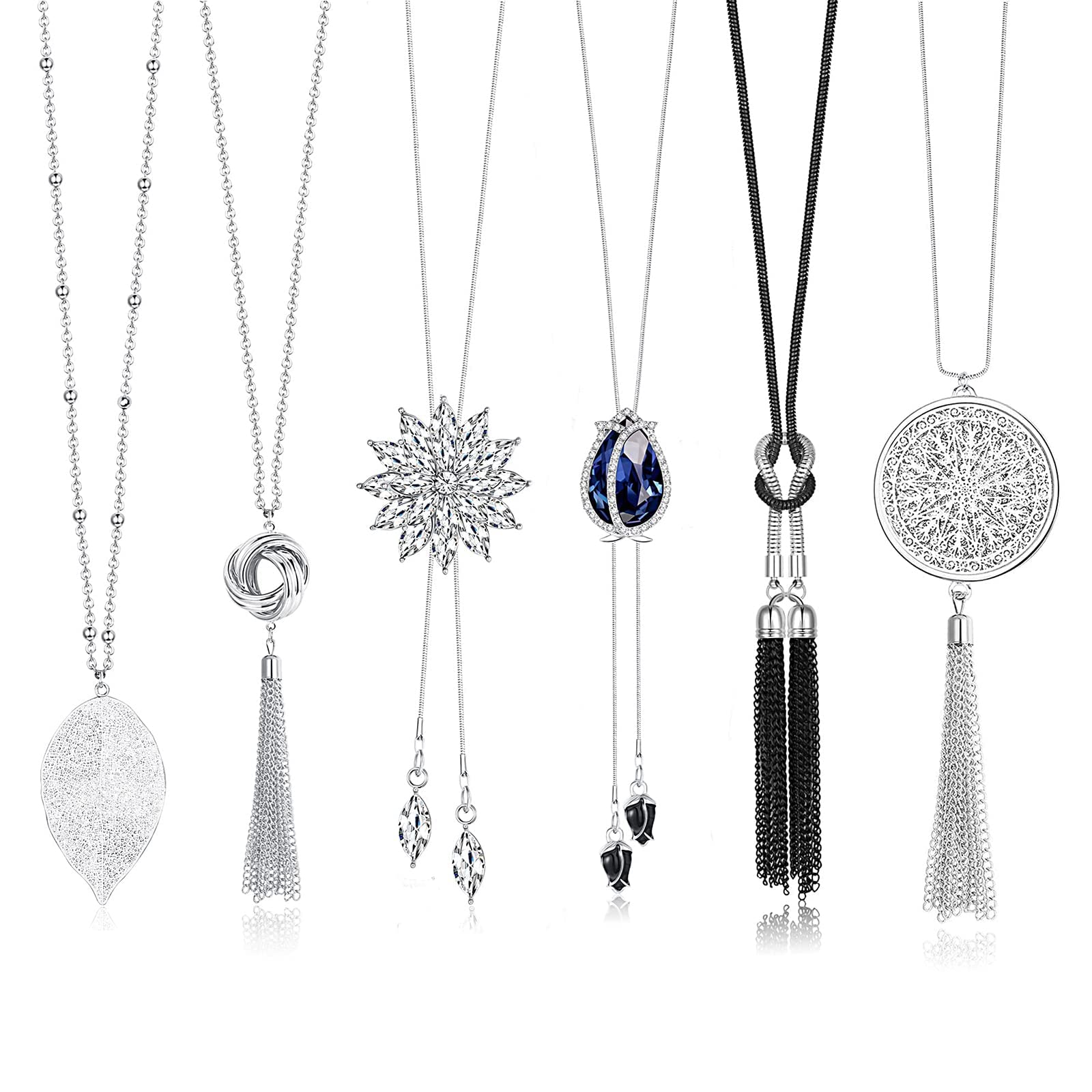Diamday 6Pcs Largo Colgante Collares para Mujer Niña Suéter Largo Collares Plata Flor Borla Disco Círculo Hoja Declaración Suéter Cadena Colgante Y Collares Juego Moda Joyas
