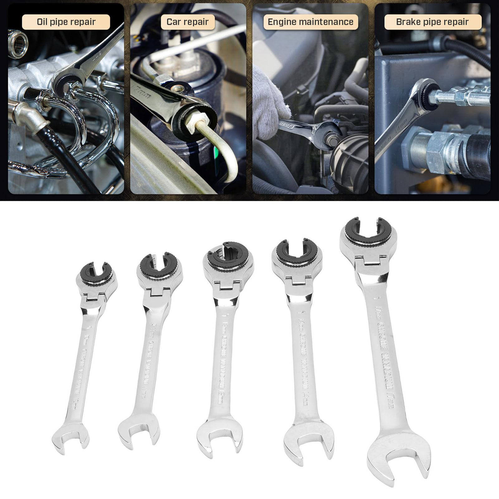 Set Chiavi per Tubo Freno, 5 Misure Flessibili | Resistente acciaio CV, design efficiente a doppia estremità, compatibilità con dadi da 10 mm-17 mm