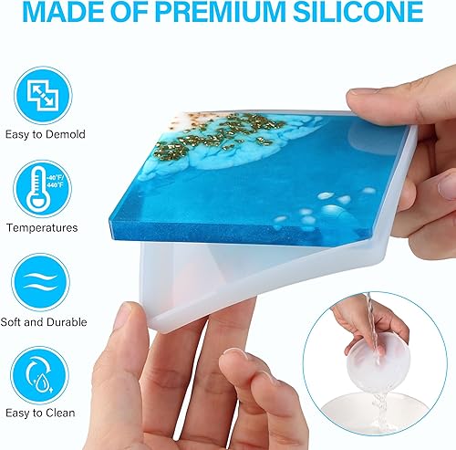 Miniatura 2 de Vakoo Moldes de posavasos de resina, 12 moldes de silicona para resina epoxi, con caja de almacenamiento cuadrada y redonda para manualidades