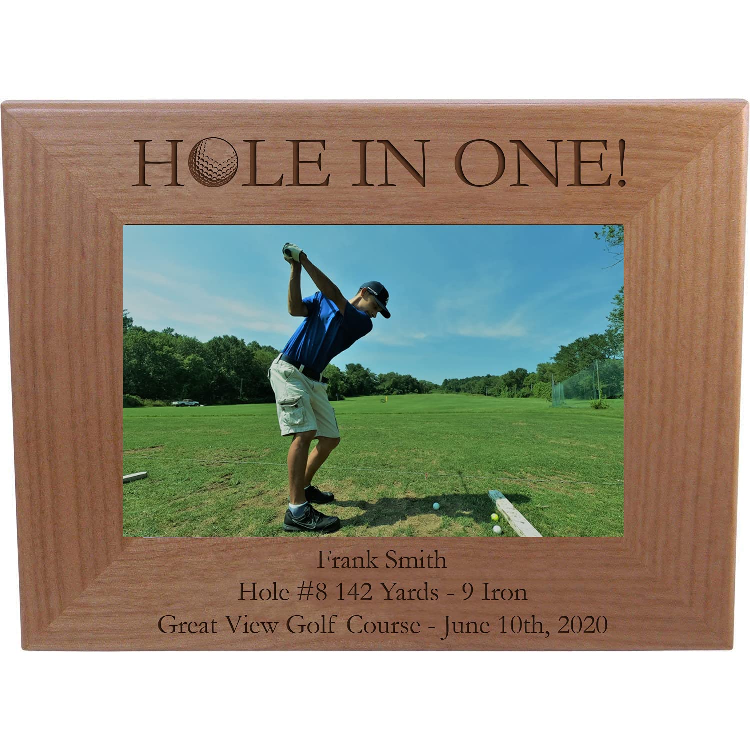 CustomGiftsNow Personalized Hole-In-One Golf Laser Engraved Solid Natural Alder Wood Golfing Tabletop/Hanging Picture Photo Wooden Custom Frame (5x7-