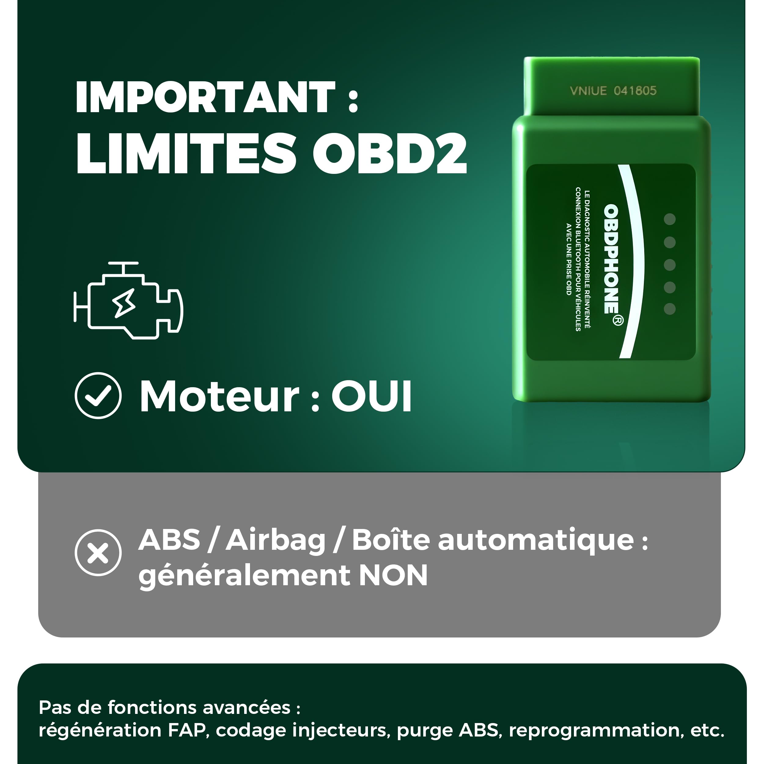 Lecteur OBD2 Bluetooth OBDPhone® - Valise Diagnostic Voiture Multimarque - Lecture & Effacement Codes Défaut Moteur - Données du Moteur en Direct - iOS & Android - Support Français 24/7 + Offre IA