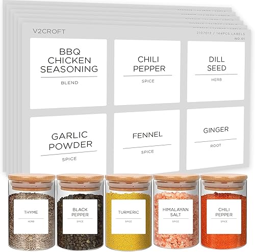 v2croft 184 etiquetas para tarros de especias, calcomanías blancas mate, texto negro, calcomanías impermeables para tarros de especias de vidrio,