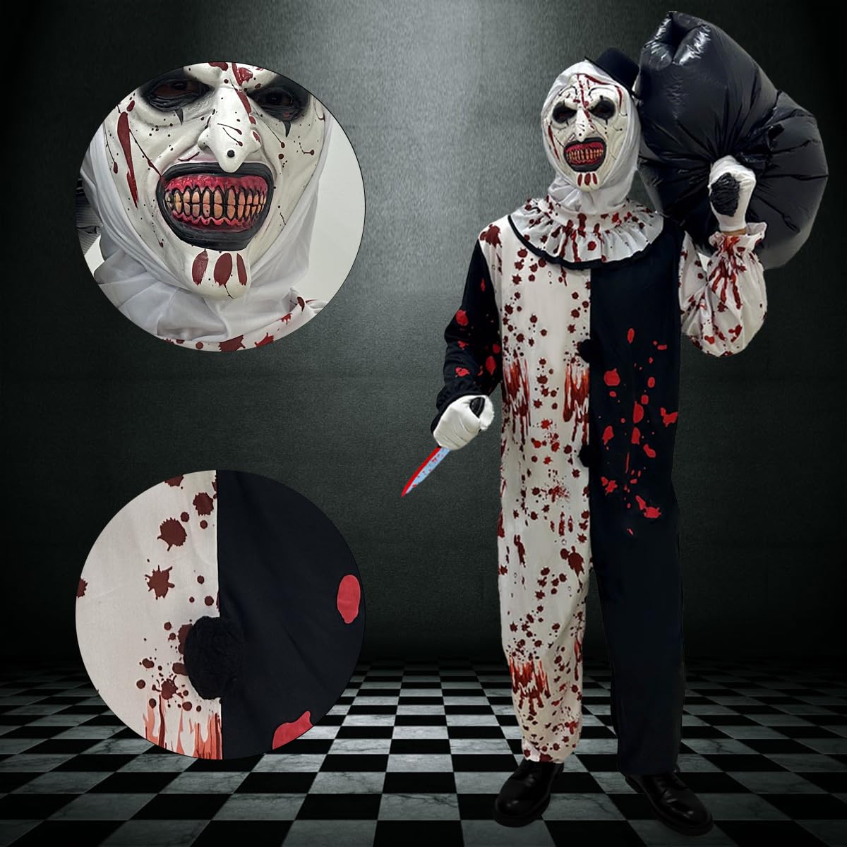 Costume da Clown Horror, Costume Pagliaccio Halloween con Maschera, Guanti e Accessori, Set Completo per Terrifier Art Clown Costume