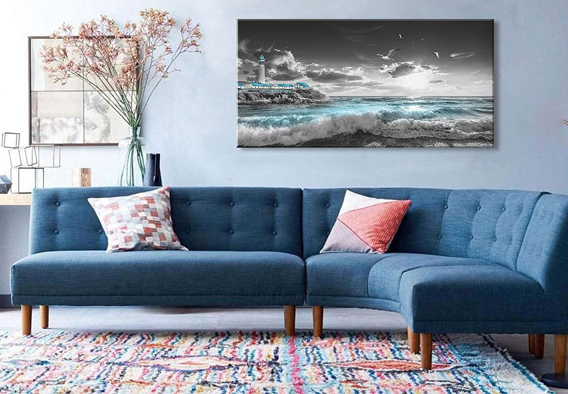 MHARTK66 Wandbild „Blauer Strand“ – 50 X 100 Cm, Leinwand Auf Holzrahmen, Fertig Zum Aufhängen