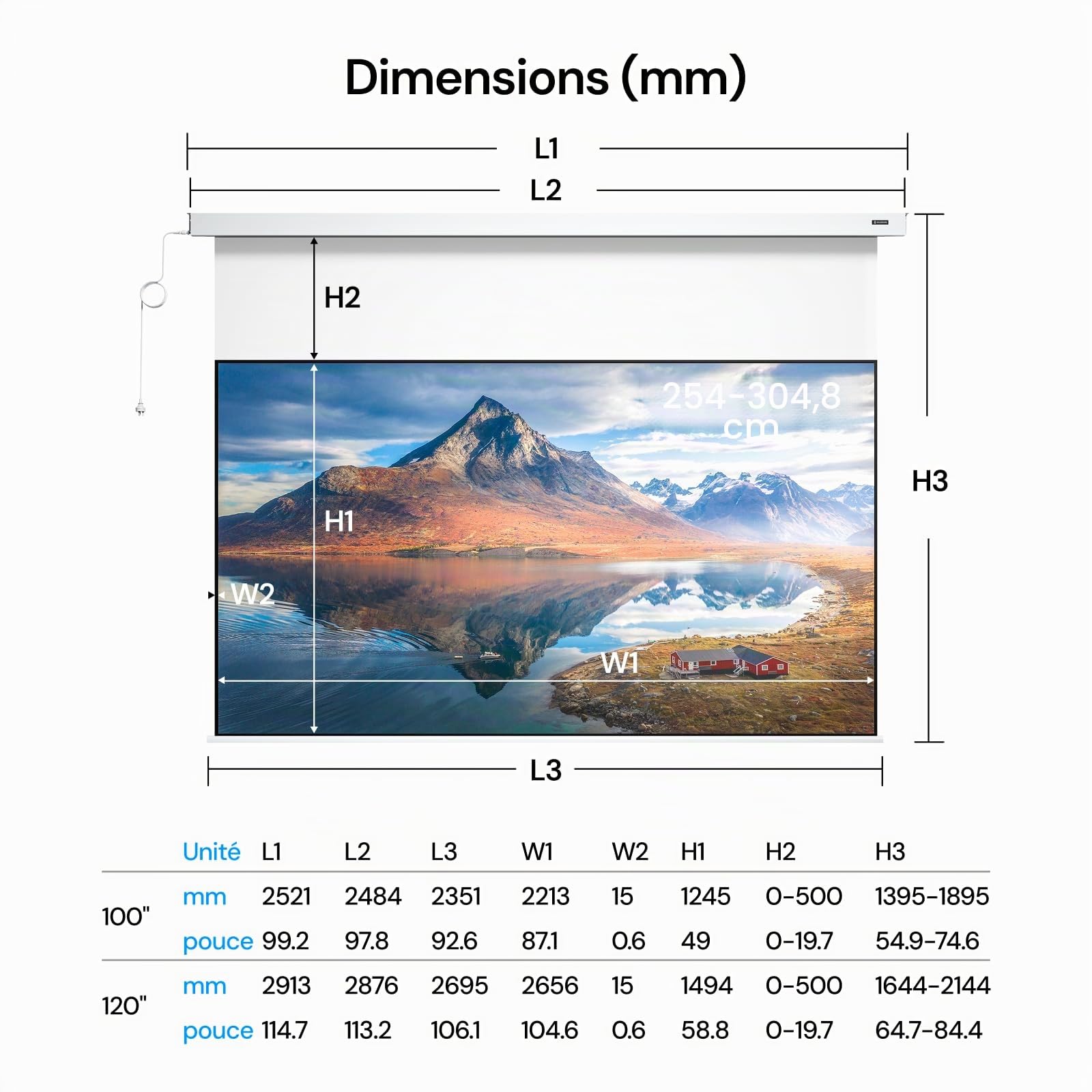 Écran motorisé Valerion PureVision 100", réduction du Speckle Laser, Synchro Auto avec projecteur, Compatible 4K/8K UHD, Drop réglable 20", Dos Noir, Longue focale Uniquement