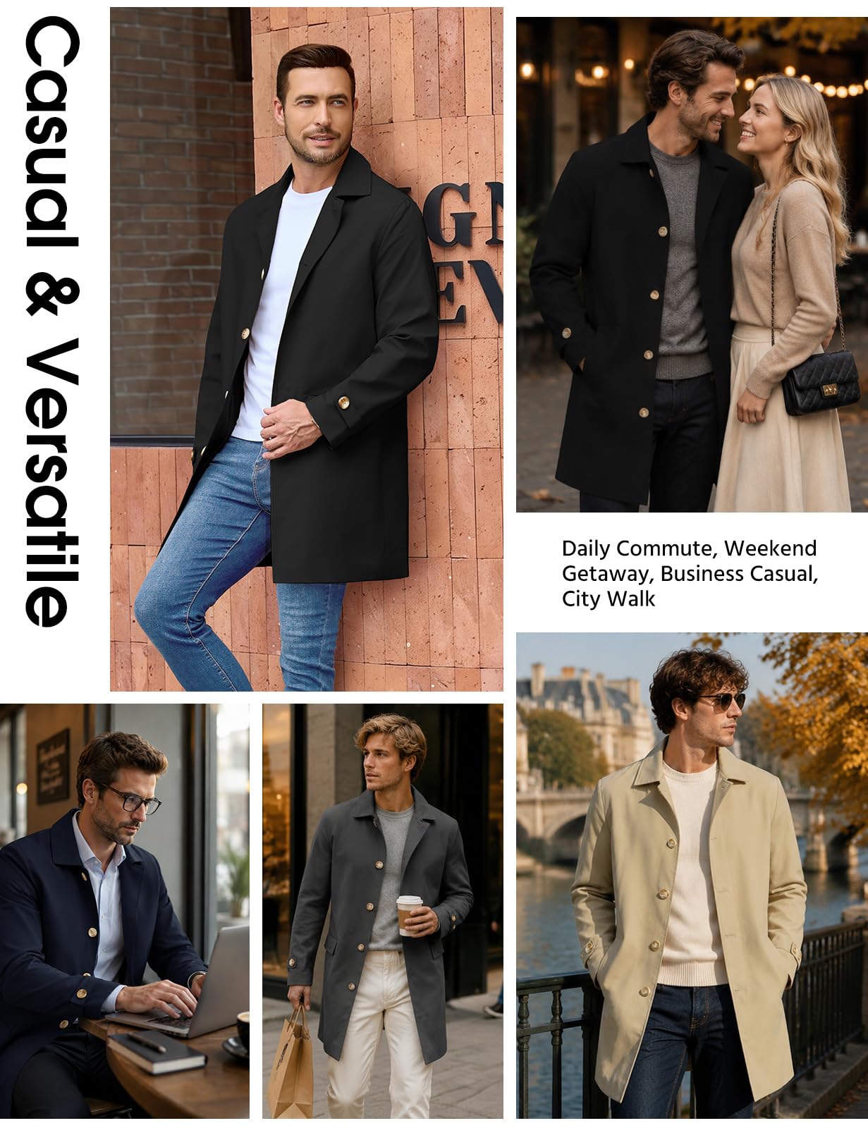 Voqeen Herren Mantel Kurz Trenchcoat Übergangsjacke Herbst Kurzmantel