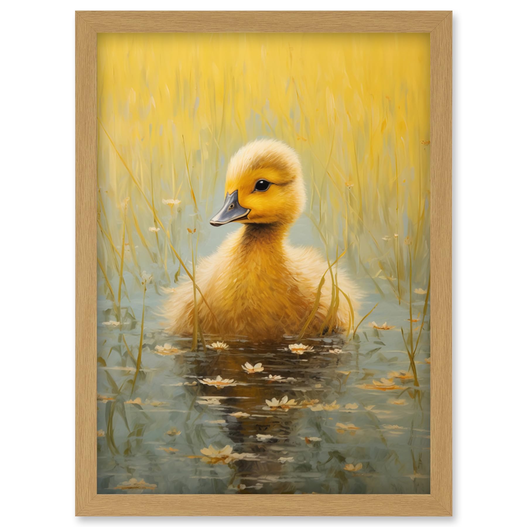Artery8 Cute Yellow Ducking in Countryside Pond Oil Painting Kids Bedroom Baby Duck Bright Artwork Framed Wall Art Print A4