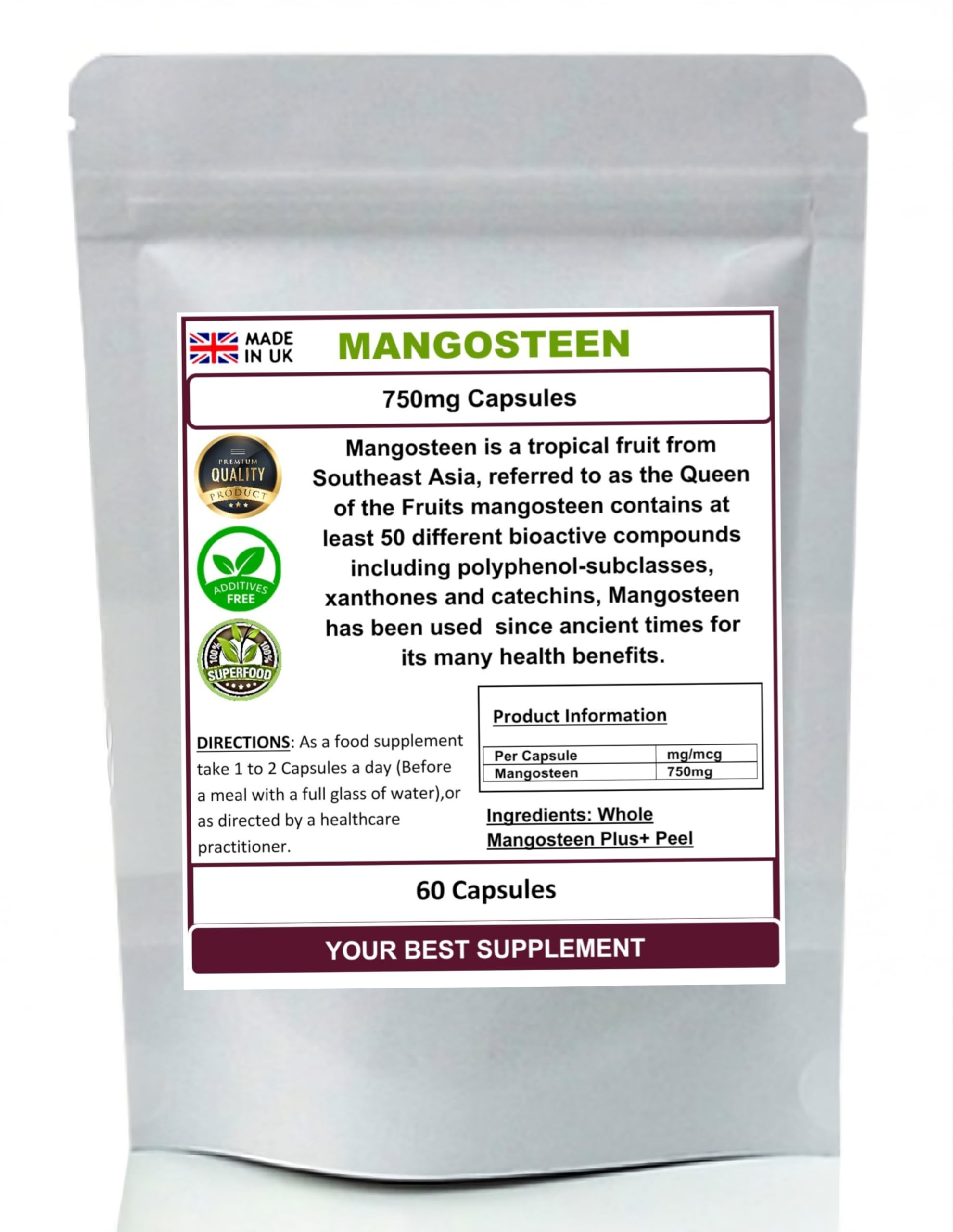 Mangosteen Capsules 750mg (Super Anti-oxidant) Queen of Fruits, No additives (60)