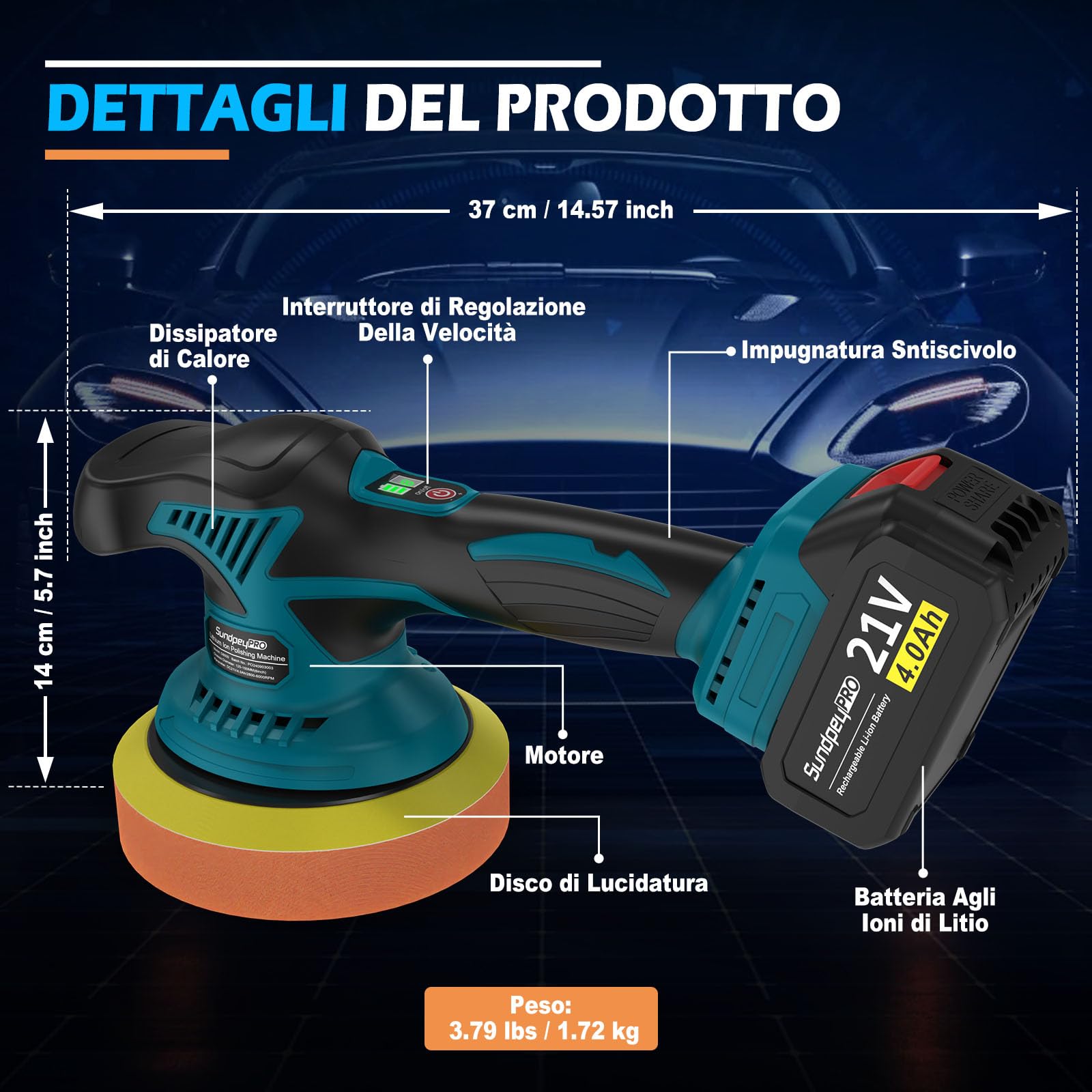 21V Lucidatrice Auto a Batteria, SundpeyPRO Lucidatrice Rotorbitale da 6 Pollici con 2 Batterie da 4.0Ah e 8 Velocità Variabili e 6000RPM, Lucidatrice Auto per la Pulizia Dell'auto e la Lucidatura