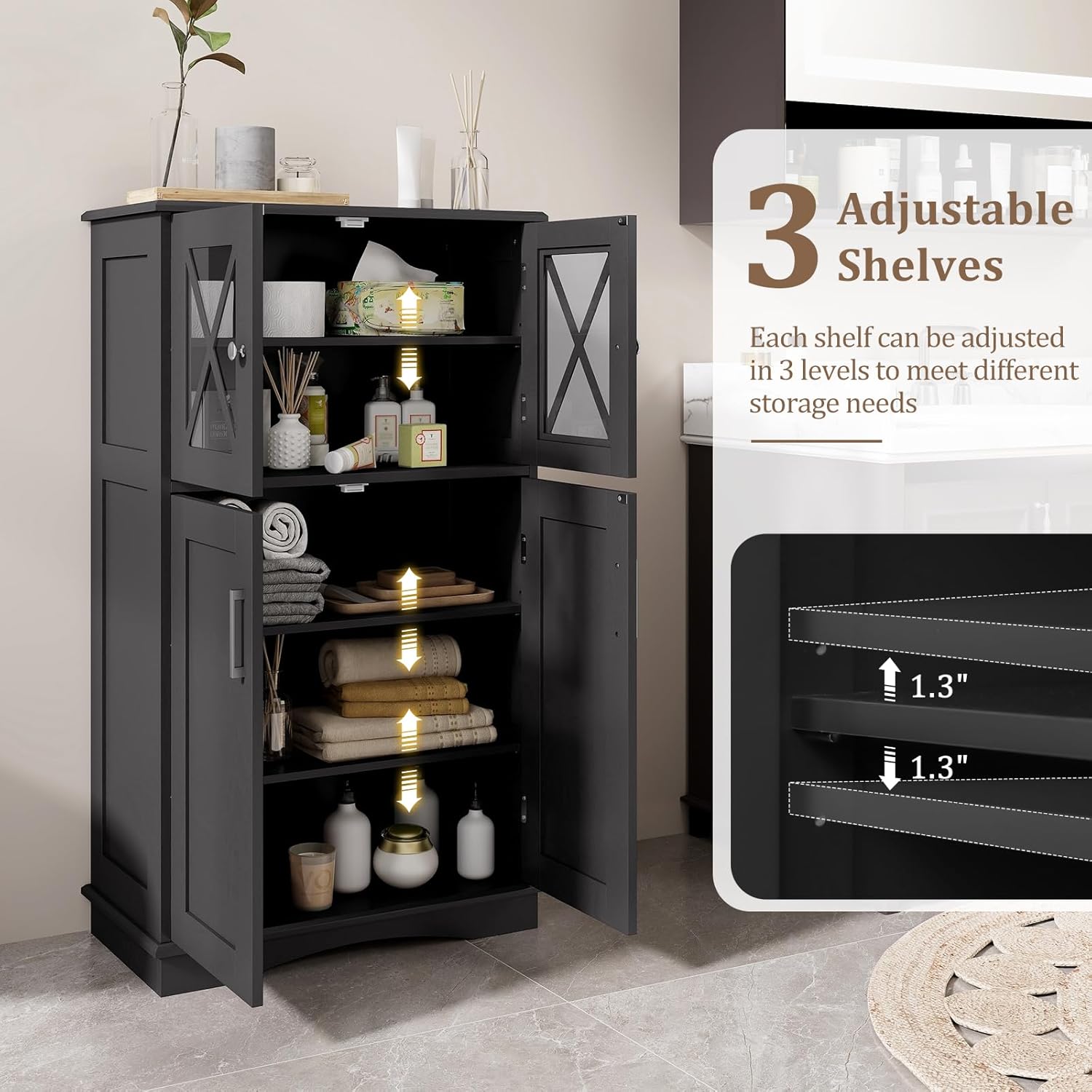 Black MDF Living Room Cabinet with Adjustable Shelving and Glass Doors