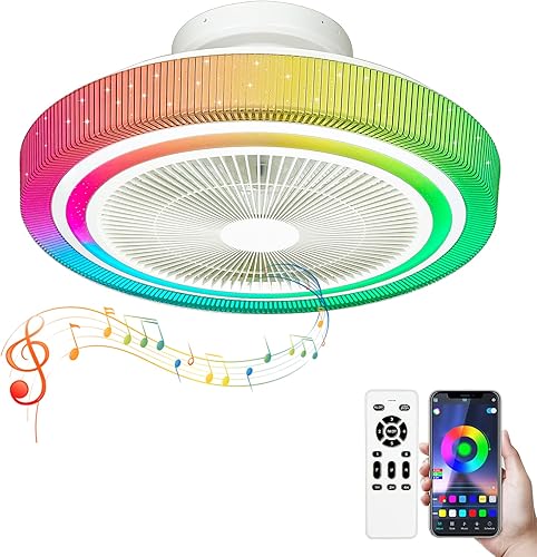 GESUM Ventilador de techo con luces ventilador de techo RGB de perfil bajo de 20 pulgadas con control remoto ritmo musical y atenuación LED de color