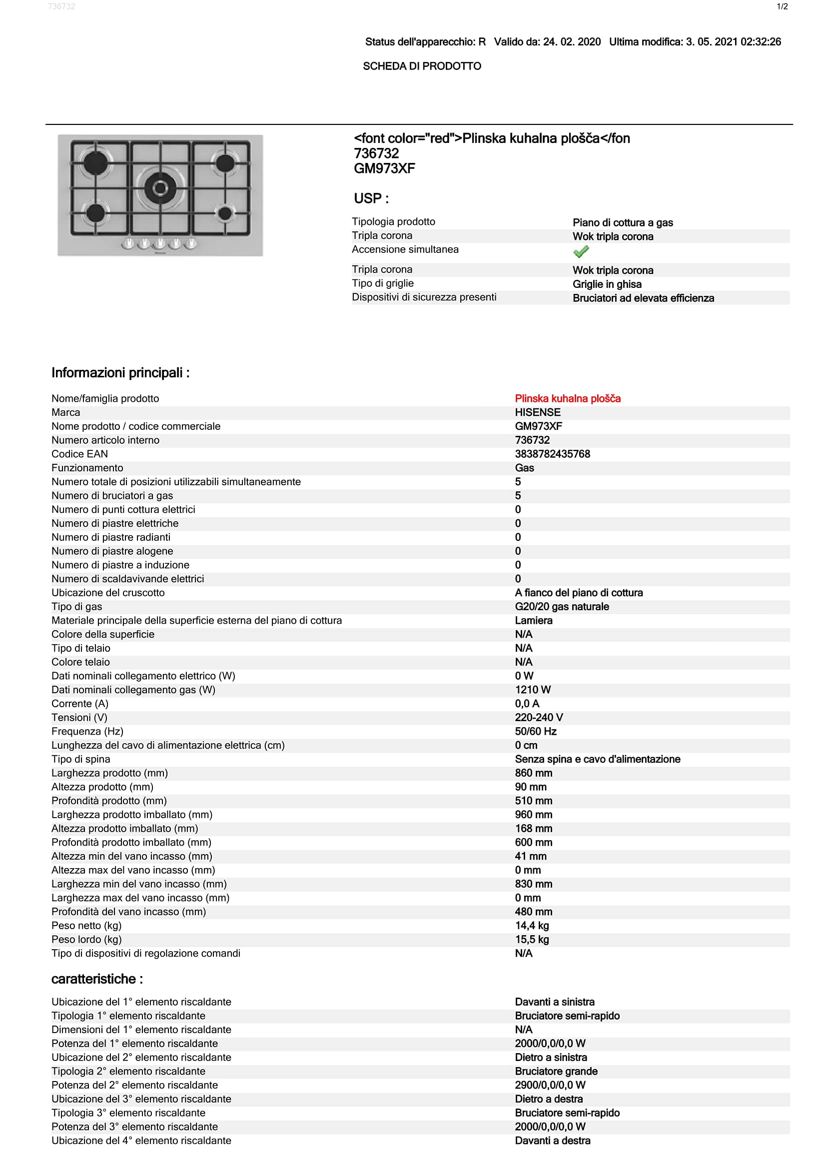 Hisense GM973XF Plateau de cuisson à gaz, 5 zones de cuisson, largeur 90 cm, grilles en fonte, allumage intégré, inox anti-empreintes digitales, brûleur Wok