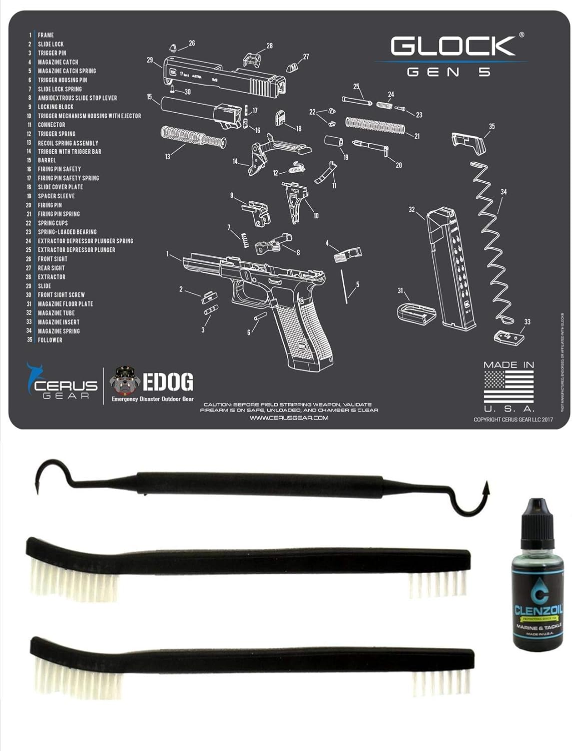 EDOG Gen 5 (5) PC Schematic (Exploded View) Heavy Duty Pistol Cleaning 12x17 Padded Gun-Work Surface Protector Mat & 3 PC Cleaning Essentials & Clenzoil Designed for use with Glock Handguns