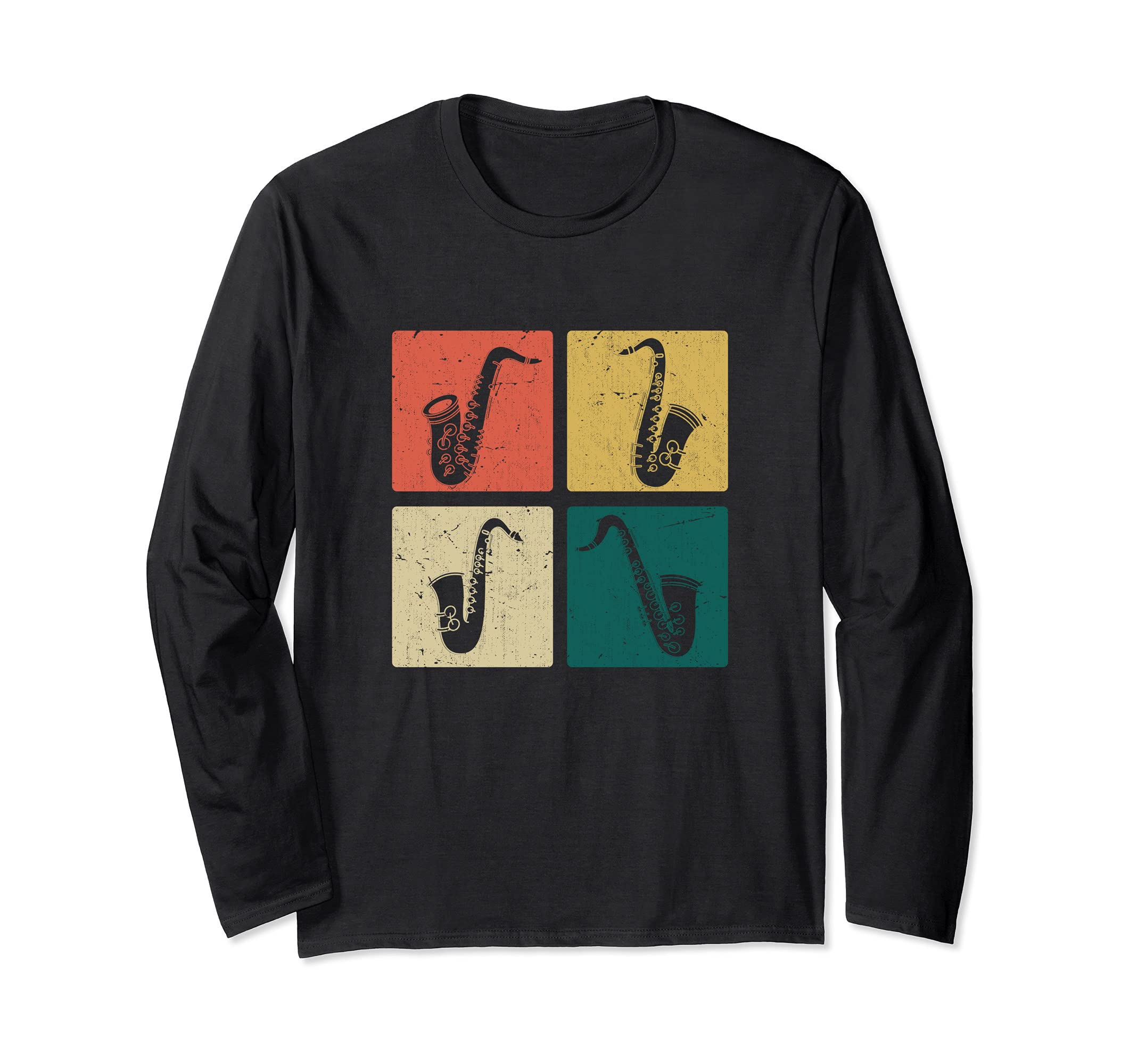 Retro Musician Saxophonist Sax Player Music Notes Saxophone Long Sleeve T-Shirt, Black