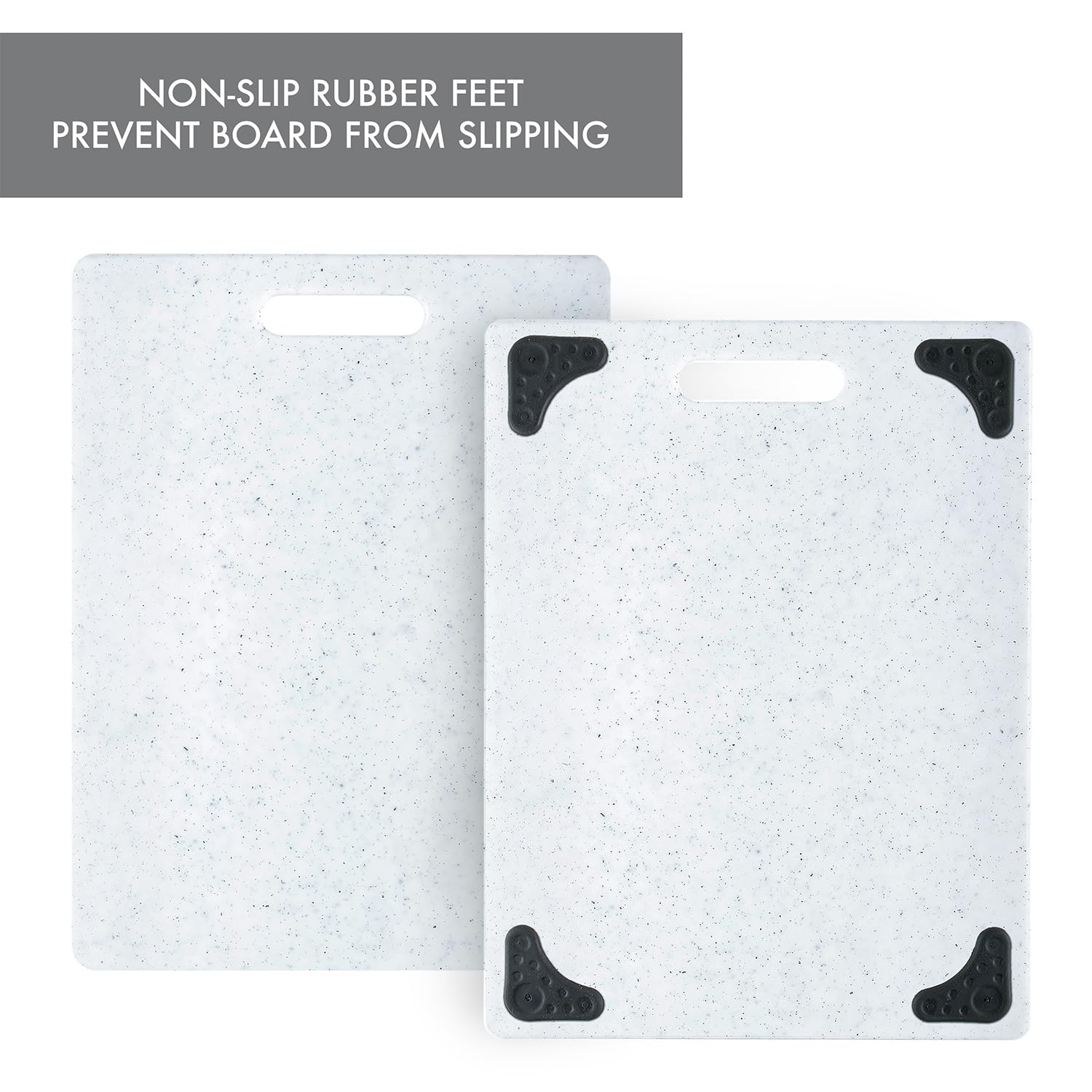 Dexas Superboard - Tabla de cortar con mango y patas antideslizantes, 28 x 36,8 cm, color granito claro con esquinas negras antideslizantes