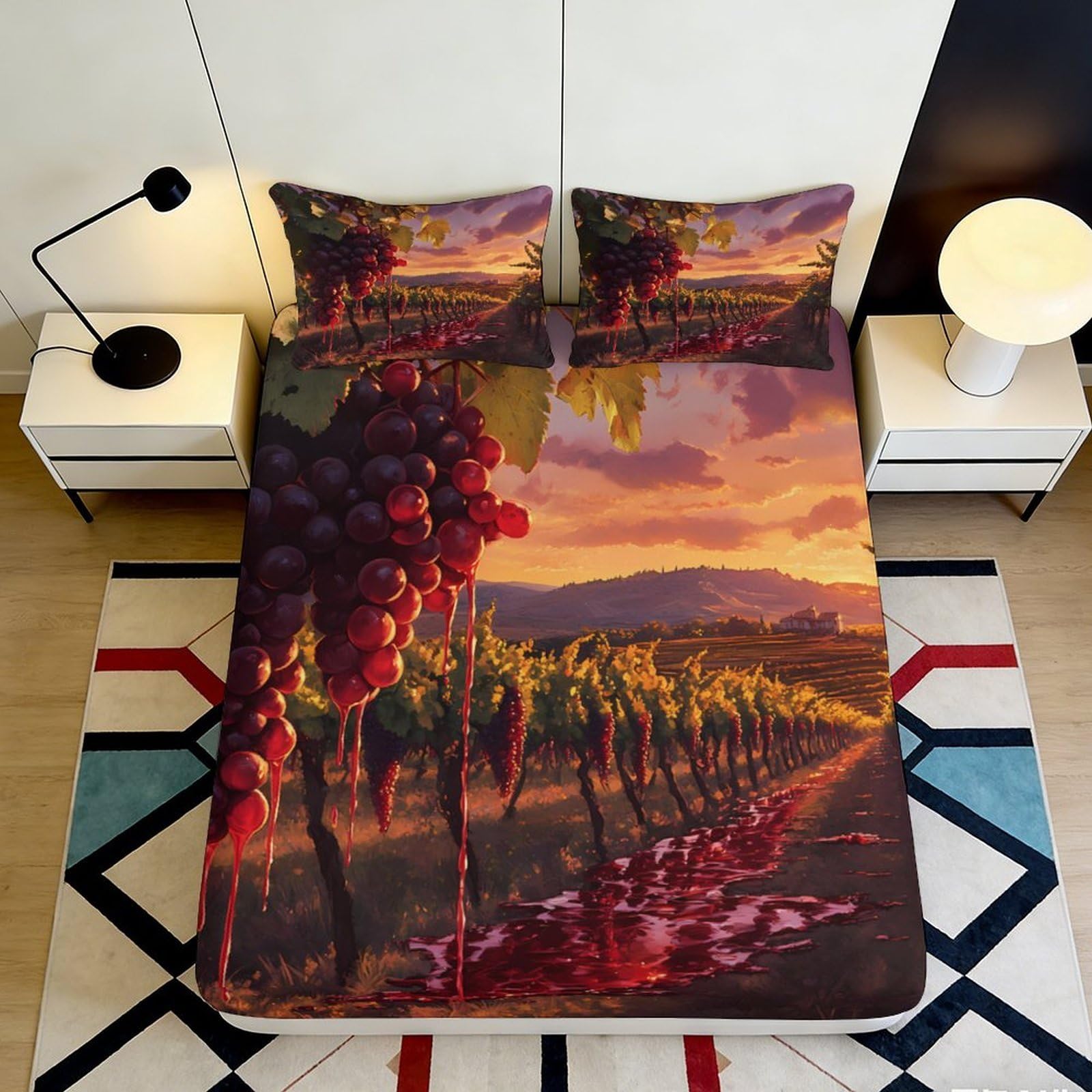 3D Printed Sunset Vineyard Fitted Sheet Microfiber Soft Scenic Landscape Bed Cover Bedroom Mattress Decor 90x200x25cm