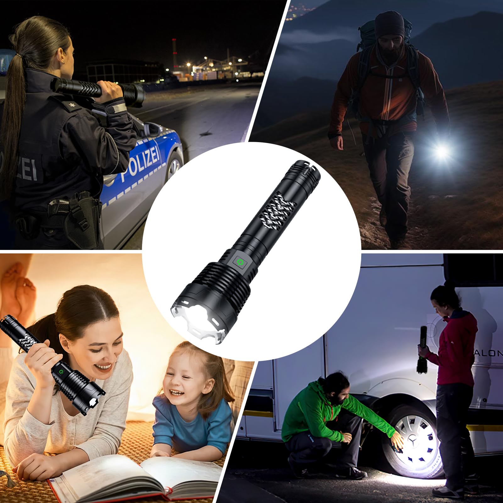 Lampe de poche LED 150 000 lumens - Extrêmement lumineuse - P160.2 - Rechargeable par USB - 8 à 12 heures d'autonomie - 5 modes d'éclairage zoomables - Étanche IP55 - Pour le camping et les