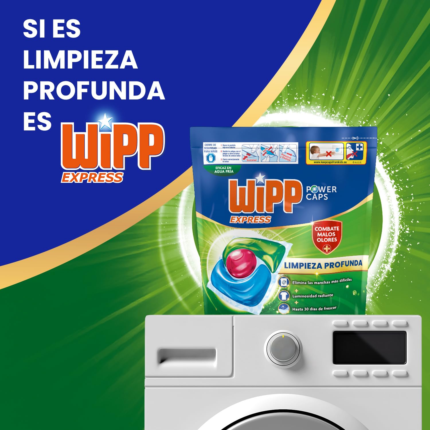 Wipp Express Power Caps Higiene y Antiolores Detergente en Cápsulas para Lavadora 55 Dosis (pack de 4; total: 220 dosis), Limpieza Profunda, Eficaz en agua fría