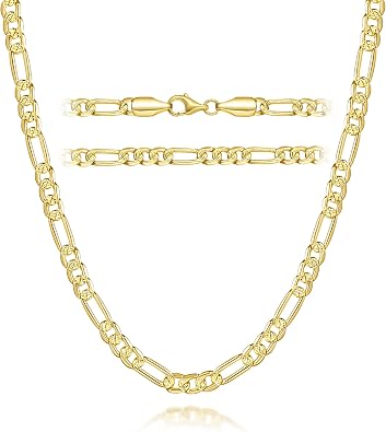 14K Gold Chain for Men Women Figaro Chain Mens Chunky Necklace | 14K Gold Necklace for Women Gold Chain for Men Figaro Chain for Men Timeless Classic Chunky Necklace Womens 16-24IN