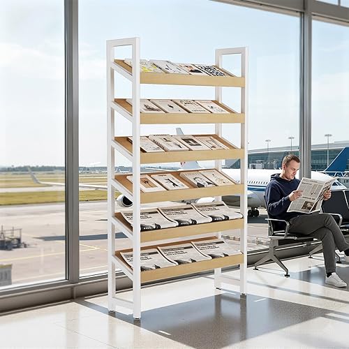 Miniatura 7 de Revistero de pie de 6 niveles, soporte de exhibición de literatura moderno, estante de exhibición de acero resistente con inclinación de 38 y borde