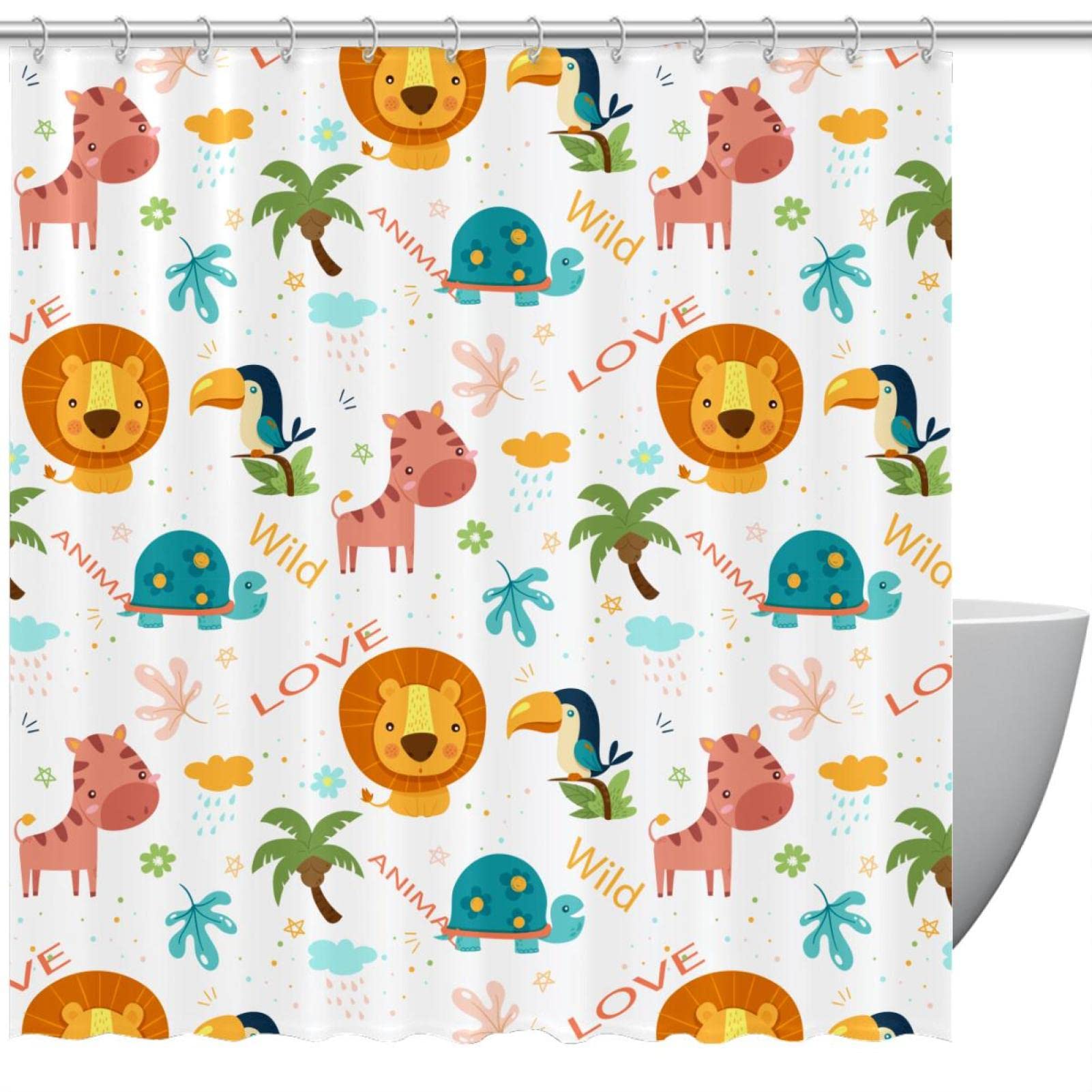 Rideau de douche imperméable motif animaux sauvages multicolore 66x72 cm avec ses 12 crochets