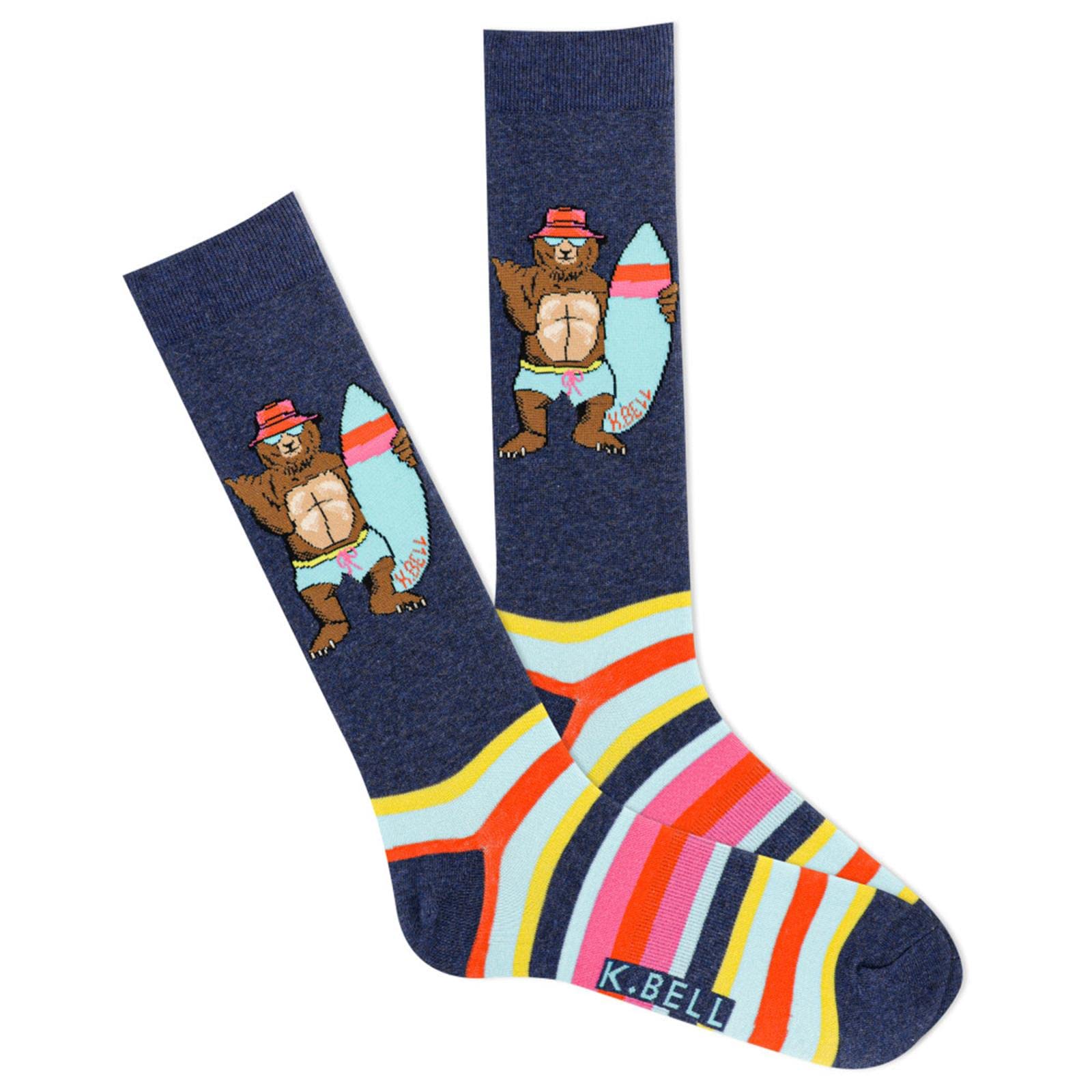 K. Bell Socks Men's Fun Sports & Outdoors Crew Socks-1 Pairs-Cool & Funny Novelty Gifts, Surfer Bear (Denim Heather), 5-12 UK