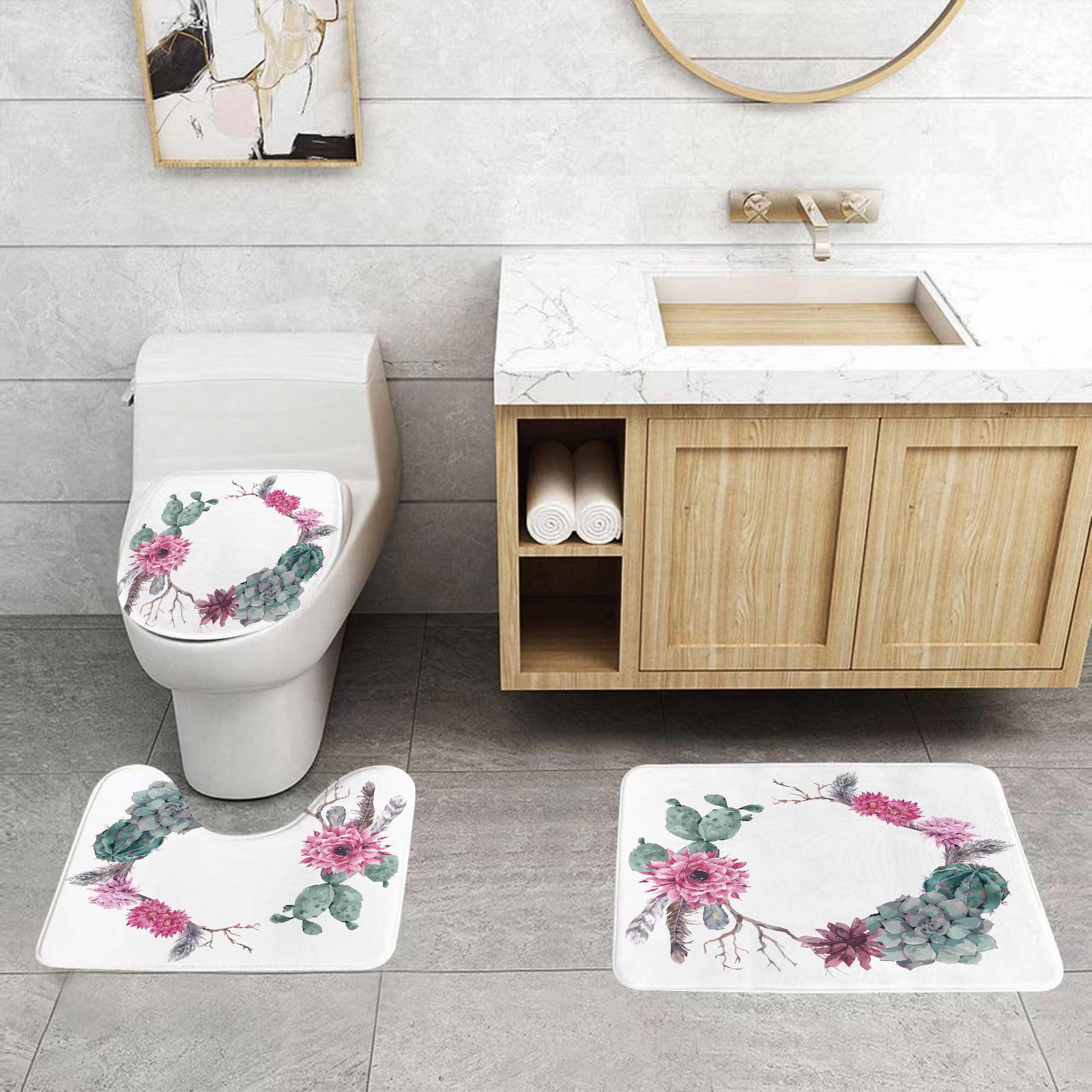 Set di 3 tappetini da Bagno, Lavabili in Lavatrice e Antiscivolo, in Morbida Fibra Superfine, con Motivo Floreale Vintage Estivo in Stile Boho Chic.