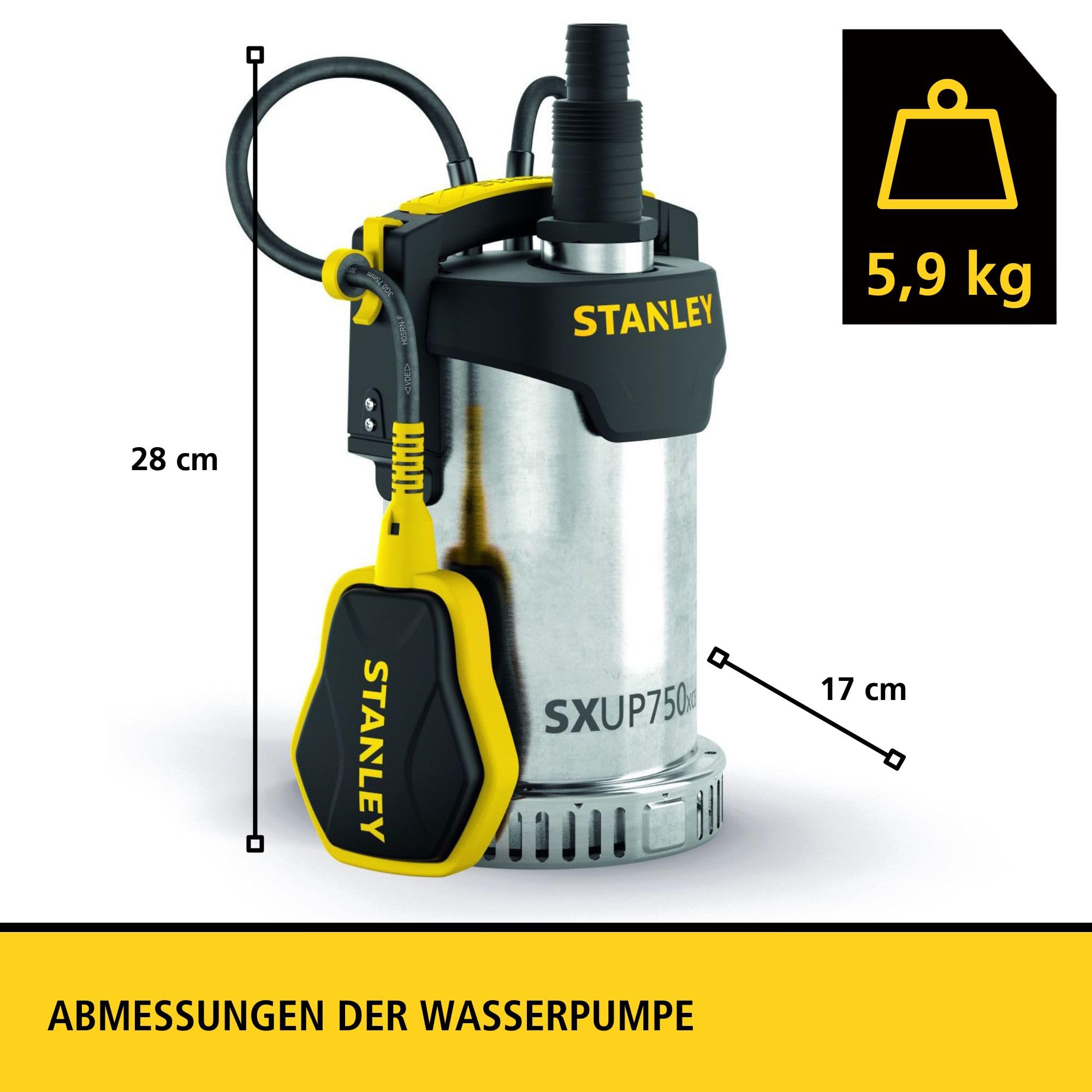 Stanley SXUP750XCE Tauchpumpe für Klarwasser (750 W, Förderleistung max. 11.000 l/h, Förderhöhe max. 8,5 m) A51768 Multicolor