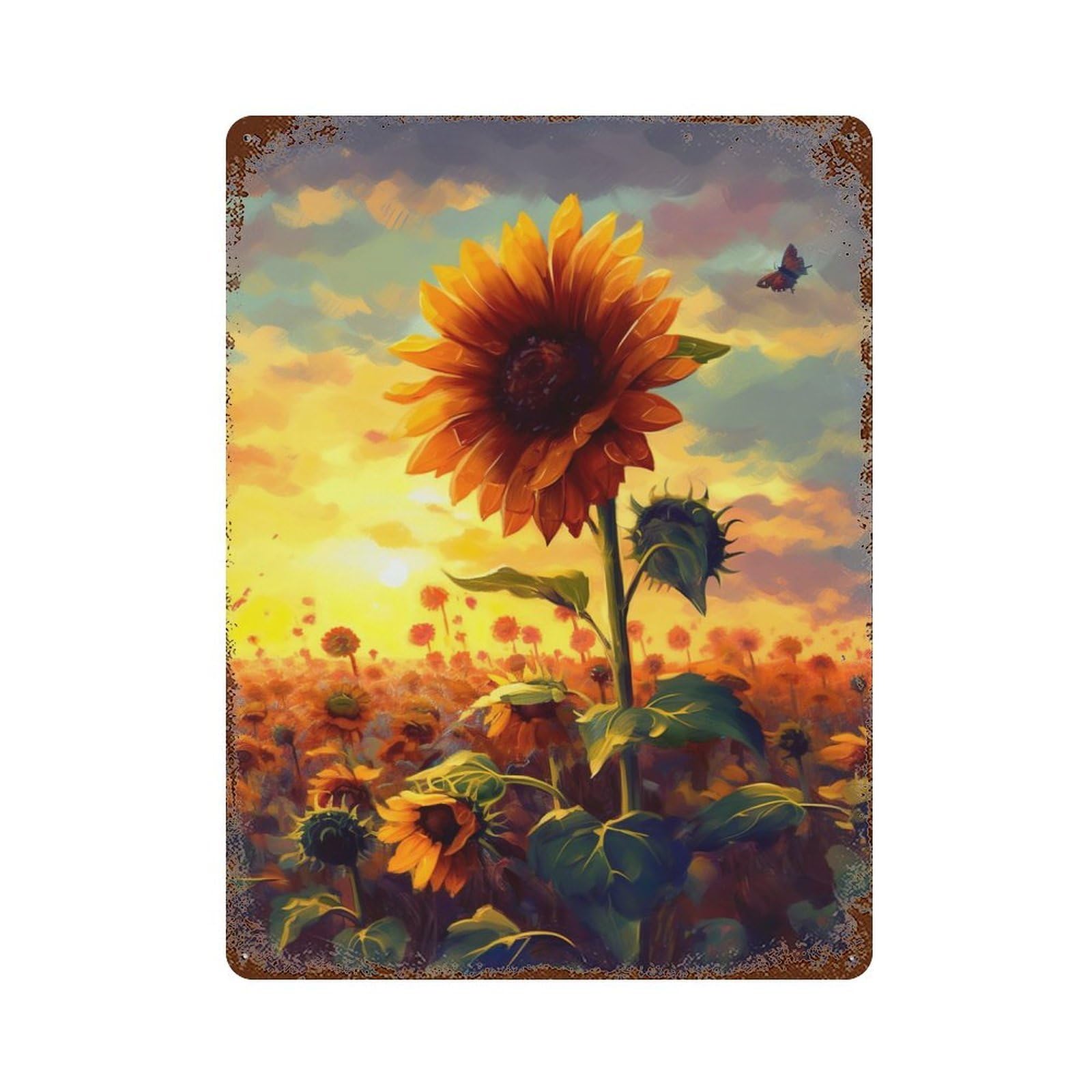 Sunflower Painting Monarch Vintage Wall Sign 15.7"x11.8", Rust Effect Metal Decor for Basement, Hobby Room And Garage Decor