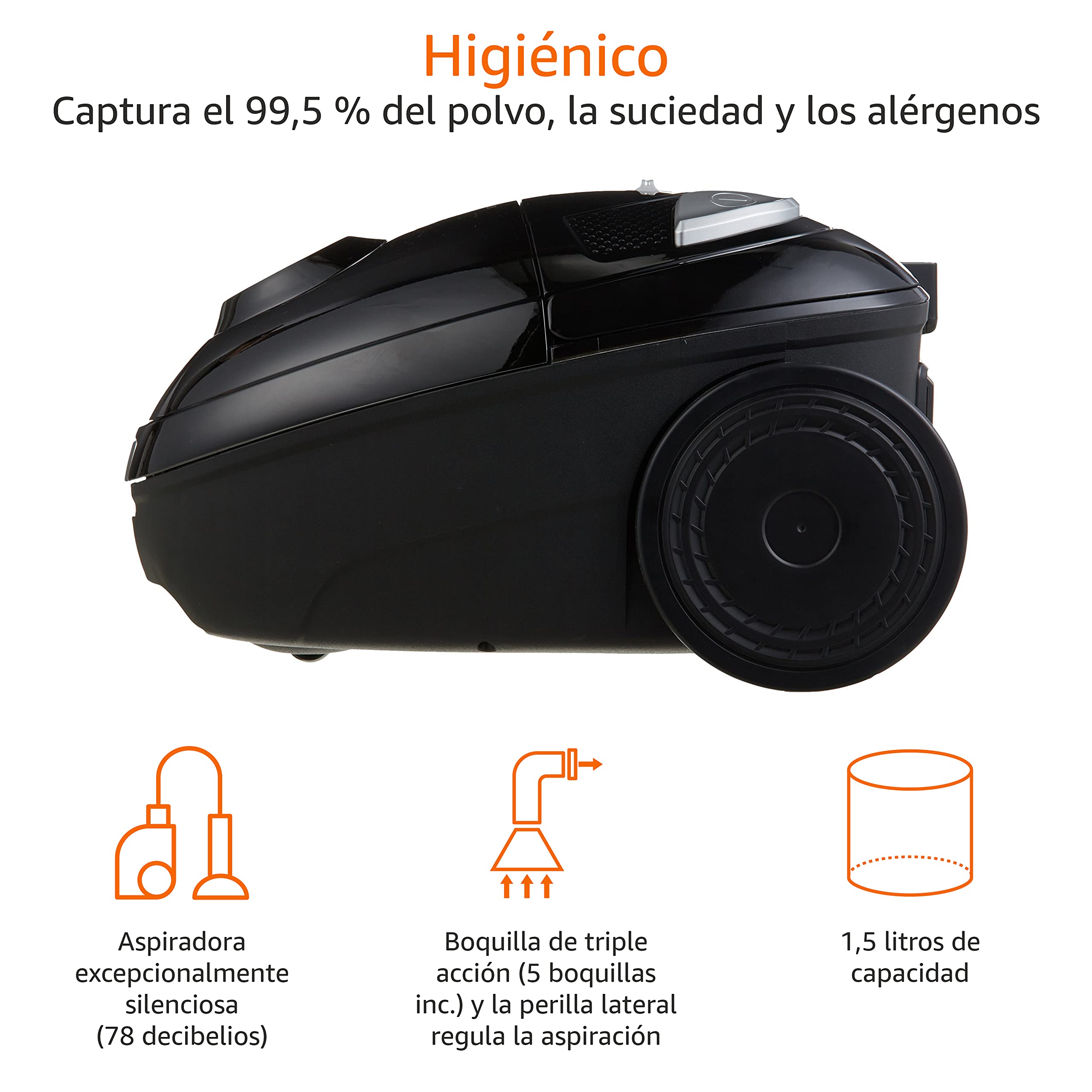 Amazon Basics Potente aspirador con bolsa, para suelos duros y alfombras, filtro HEPA, compacto y ligero, 700 W, 1,5 l (UE), Negro