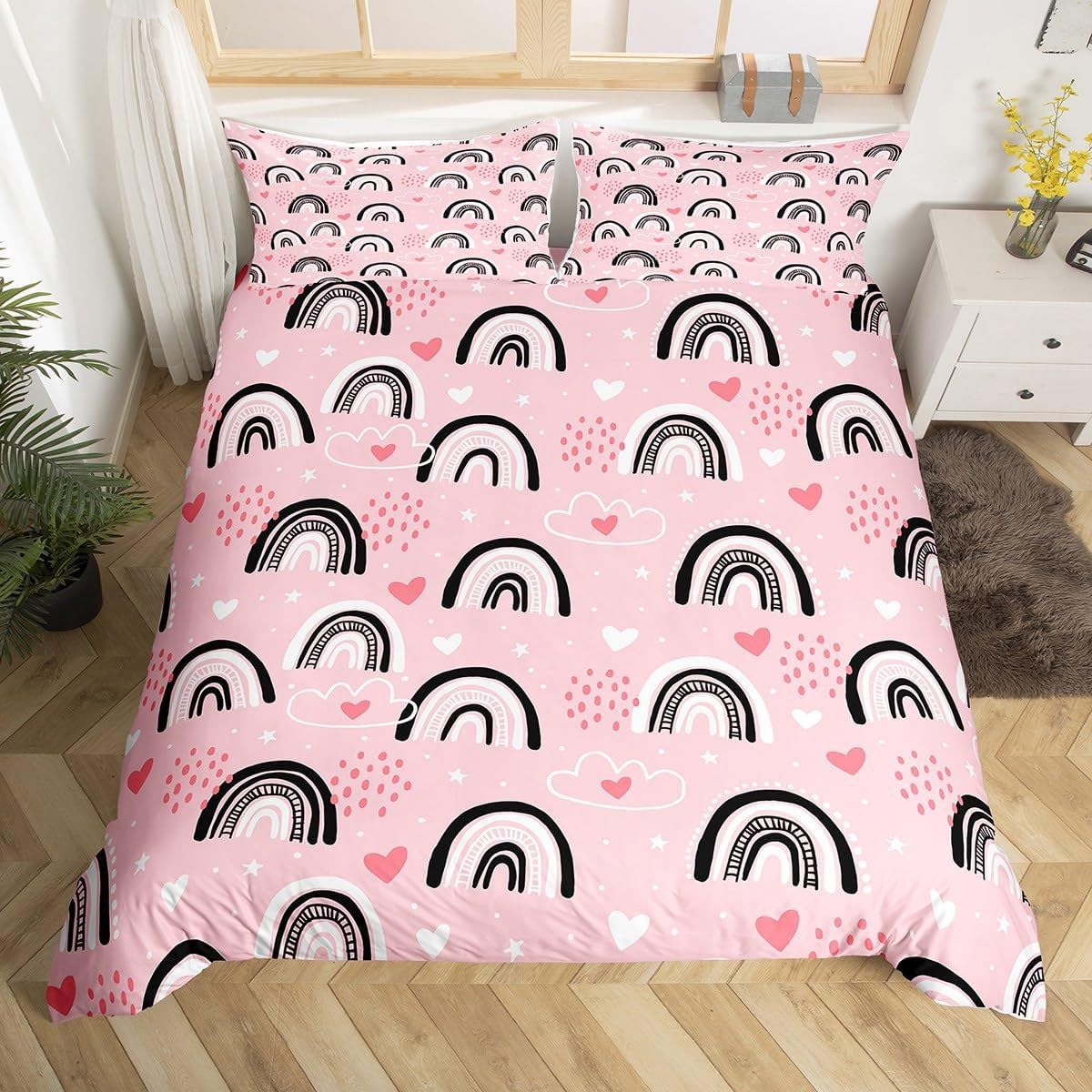 Set di biancheria da letto arcobaleno per bambini 135x200cm, set di biancheria da letto per ragazze rosa con stampa 3D di cartoni animati con stelle, luna, nuvole e cuori (A-2, 135 x 200 cm)