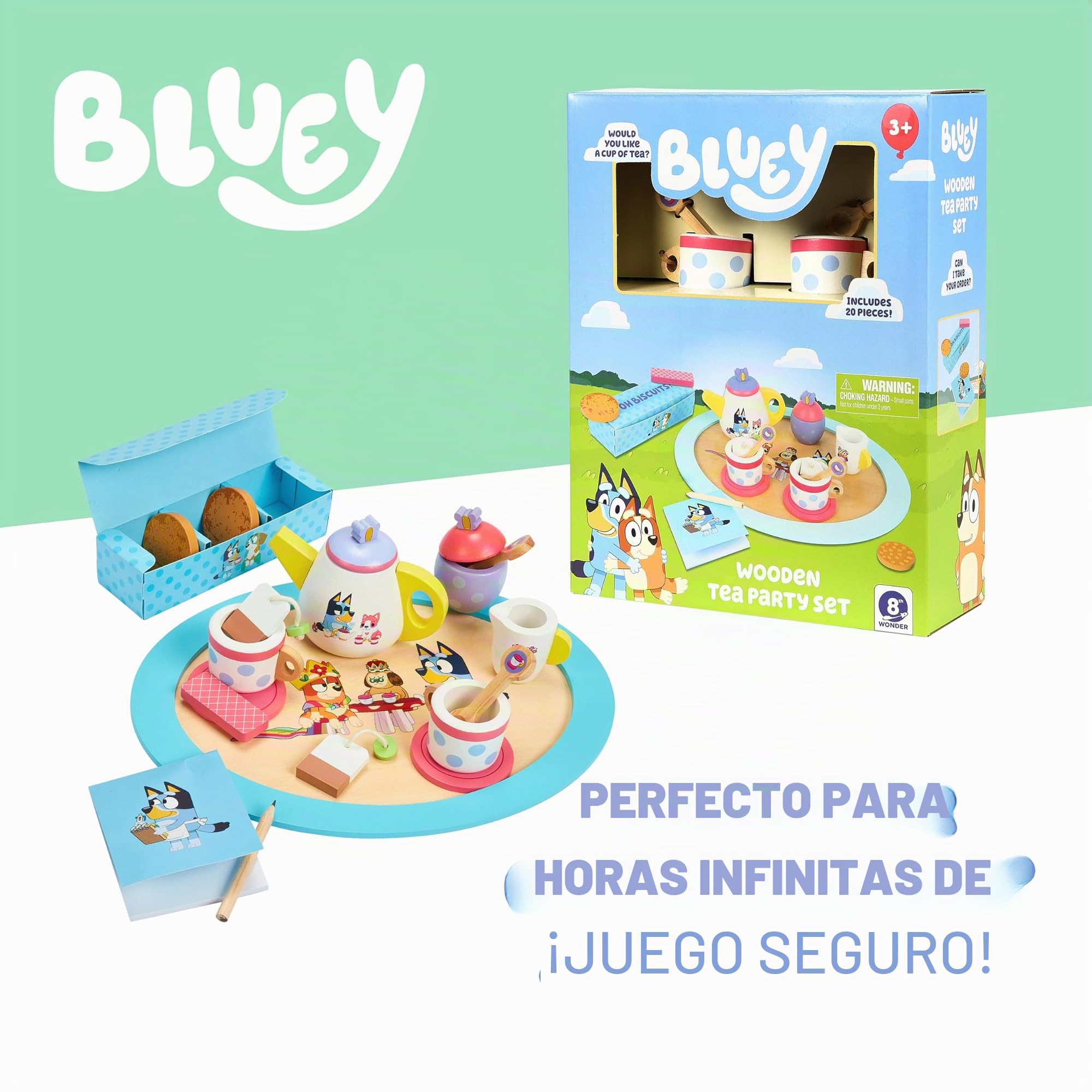 BLUEY Tea Party Set – Juego de simulación de Madera de 18 Piezas con Bandeja, Tetera, Tazas de té, Galletas y Bloc de Notas para niños de 3 años en adelante – Diversión imaginativa y Juegos de