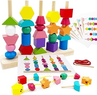 Montessori Beads Sequencing Toy Set for Toddlers,Wooden Lacing Beads&Matching Shapes Stacking Toys for 2 3 4 5 Year Old Toddlers,Preschool Learning Toys Develop Fine Motor Skills for Boys Girls