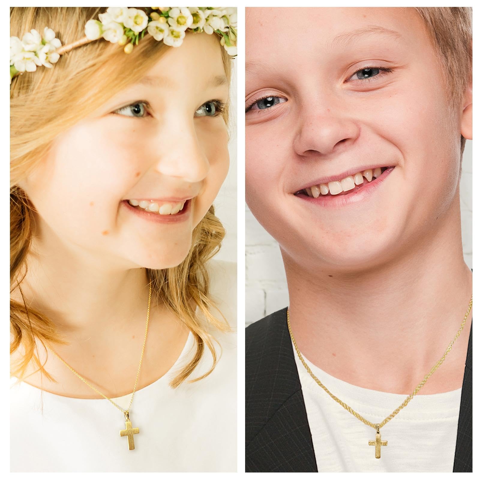 Kreuz Kette Kommunion Mädchen Junge Gold (Silber 925 vergoldet) mit Gravur | Kreuzkette Anhänger Halskette Kinder Schmuck, Geschenke zur Taufe Erstkommunion Konfirmation Firmung, Goldkette Taufkette