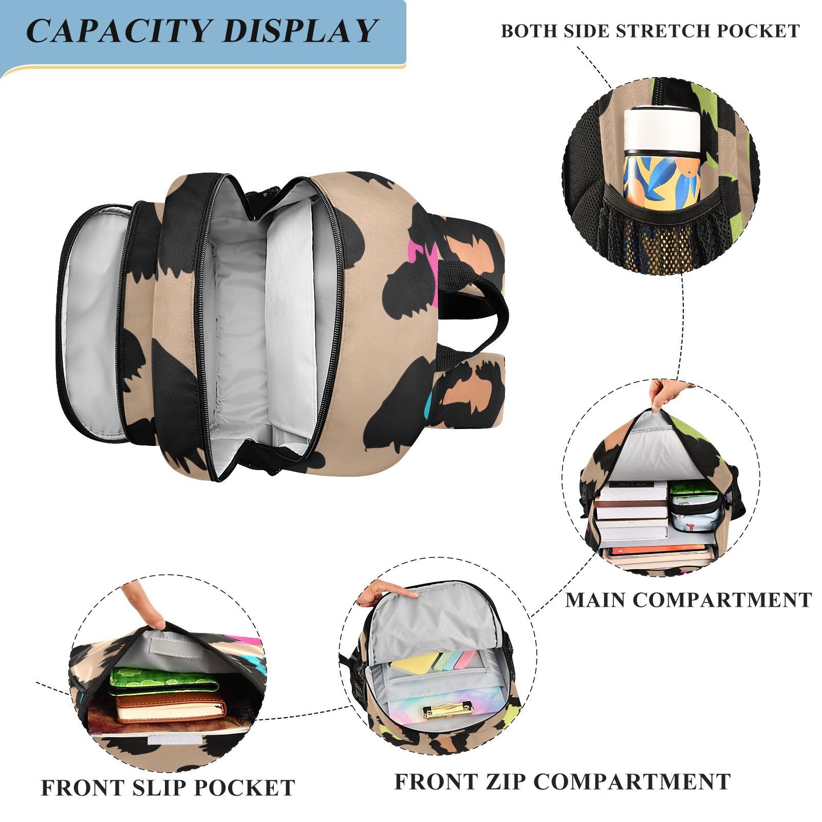 Kinder-Rucksack, bunt, Leopardenmuster, Schultasche, Rucksack, Tagesrucksack, Büchertasche, Reiserucksack für Jungen und Mädchen, mehrfarbig, 33 x 22 x 45cm / 12.9 x 8.6 x 17.7inch