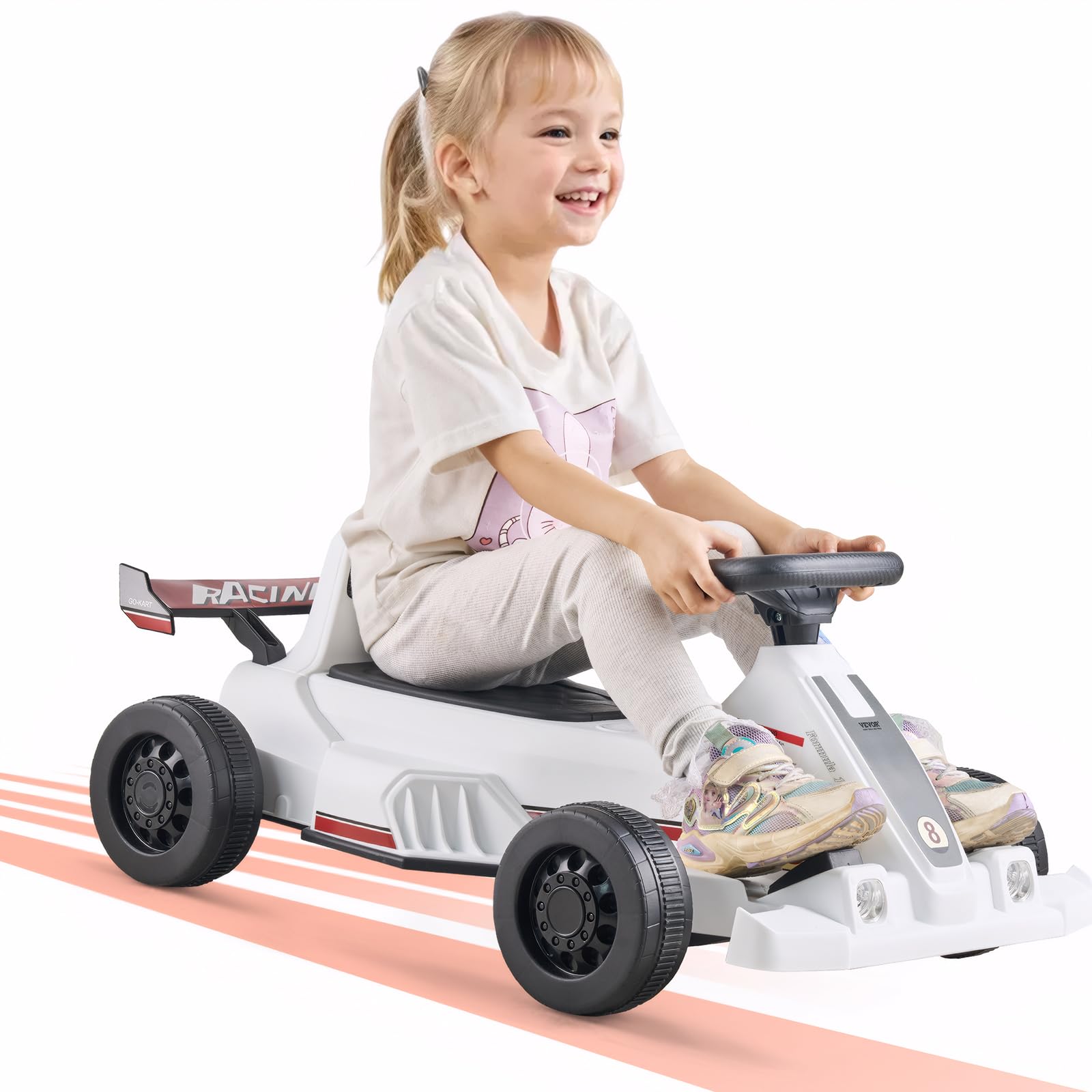 VEVOR Electric Go Kart, 6V 4.5Ah Battery, Pedal Go Kart Portable Outdoor Race Toy for Kids Ages 2+, 20000 RPM Motor, 2 MPH Constant Speed, LED Headlight & Horn, Non-Slip Tires, 44 lbs Max Load, White