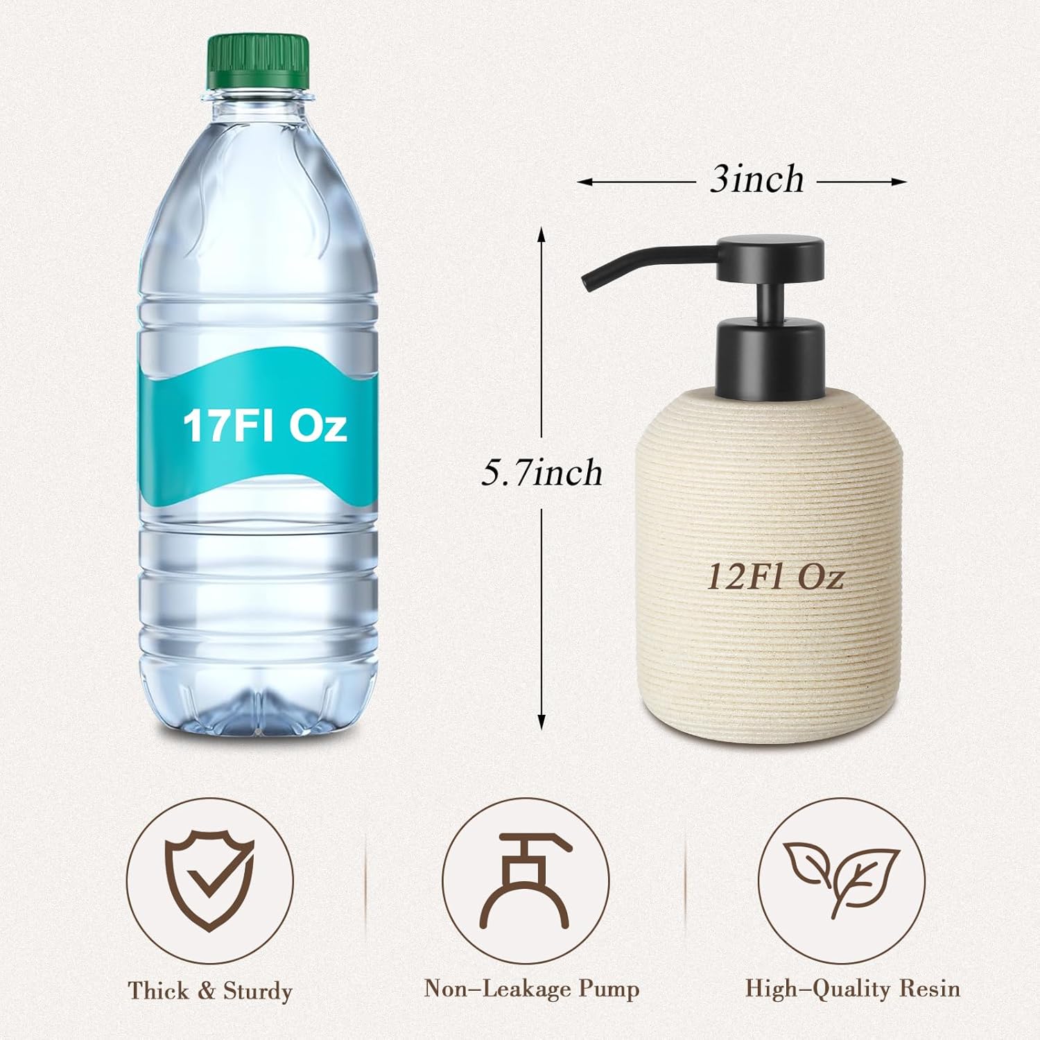 Hand Soap Dispenser, Beige Soap Dispenser for Bathroom 2 Pack, 12 Fl Oz Resin Soap and Lotion Dispensers Set with Plastic Pump, Boho Refillable Liquid Dish Soap Dispensers Bottle - Image 2