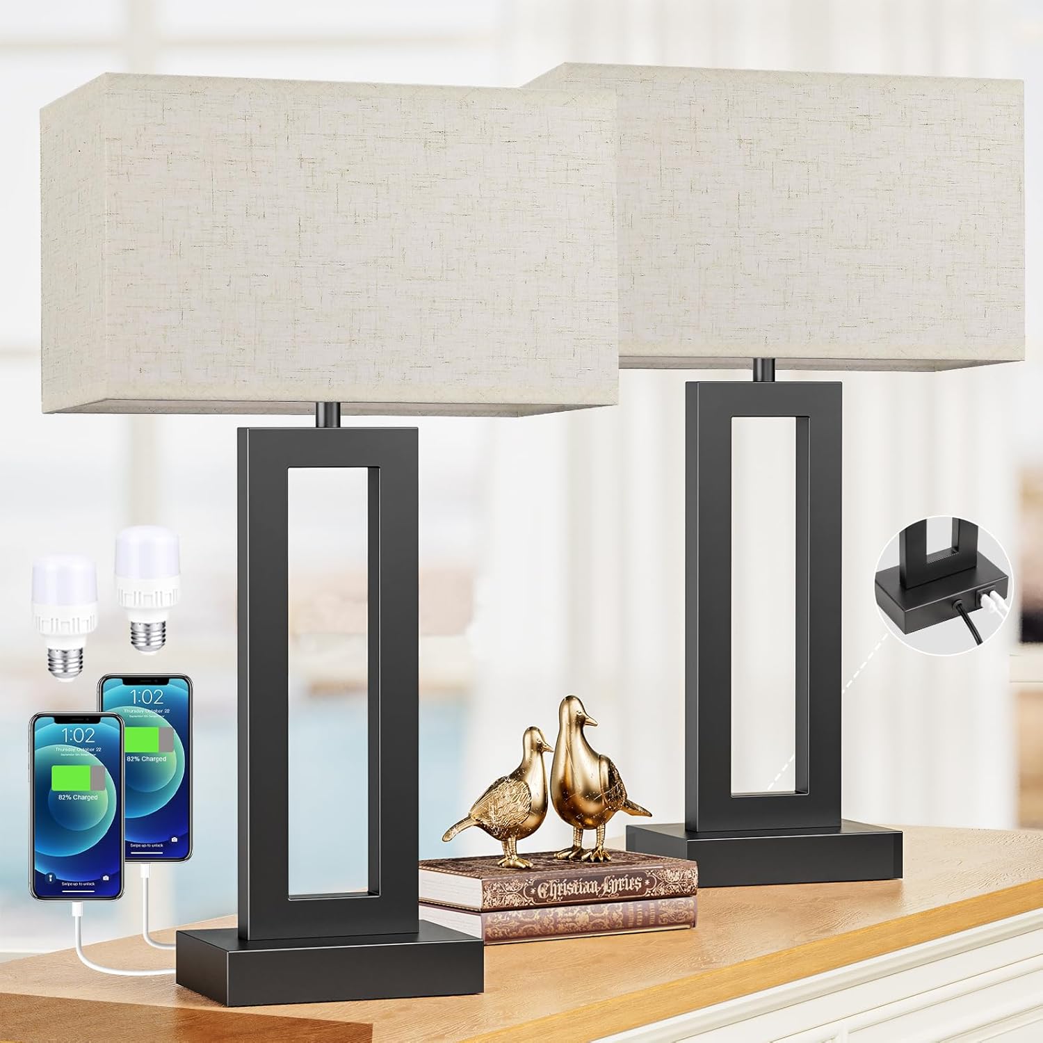 22" Tall Living Room Lamps for Night Stands - Touch Bedside Lamp with USB C+A, 3 Way Dimmable Bedroom Lamps for End Tables Set of 2, Modern Night Stand Lamps for Bed Side(Cream&Black)