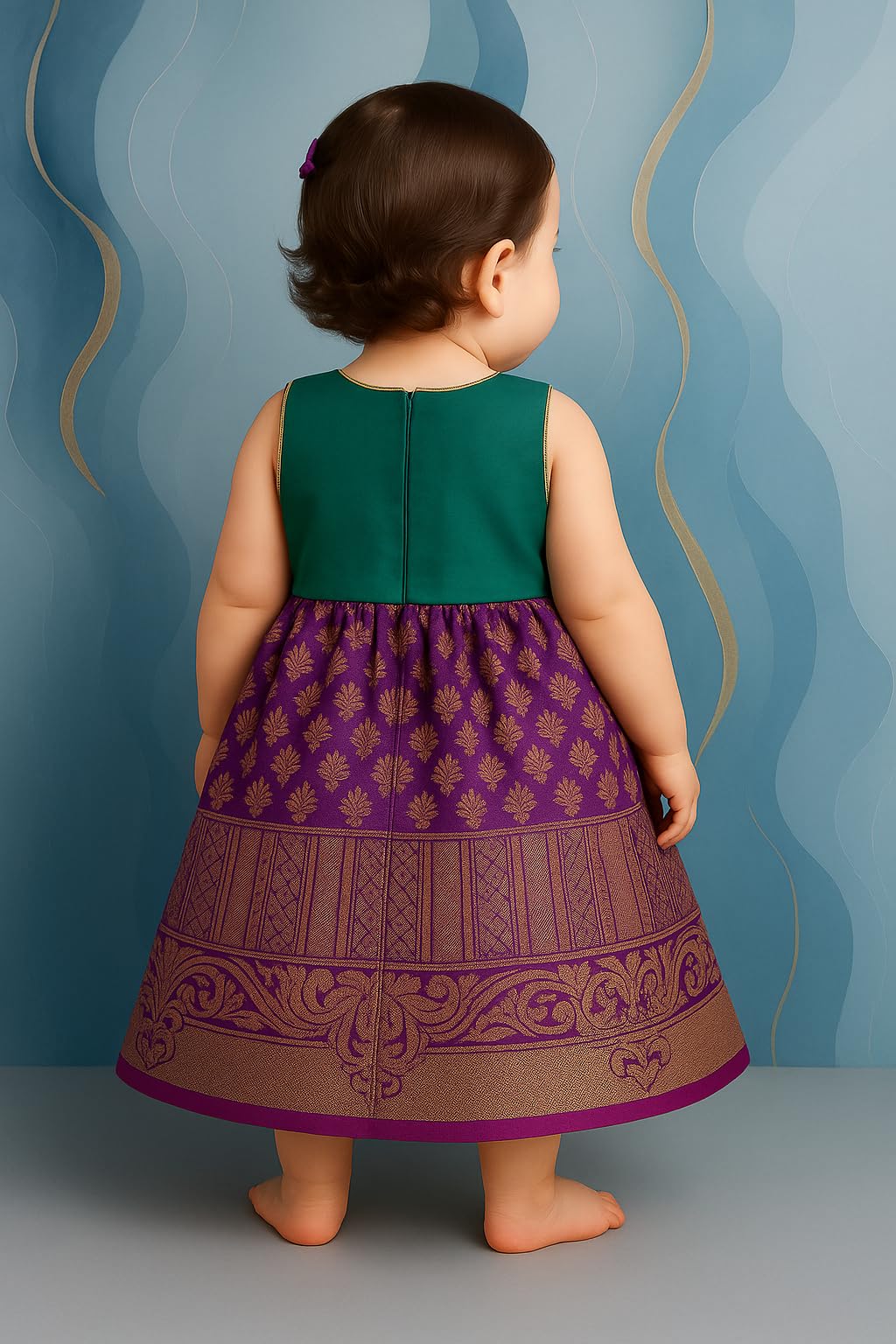 TotzTouch Baby Girls Dress South Indian Traditional Pattu | Frock Wide Zari Border Embroidered Jacquard Weave Ethnic Wear Pink, Violet, Blue, Green, Sizes 6 Months to 3 Years - Image 2 thumbnail