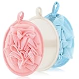 3 PCS Exfoliating Loofah Bath Sponges, Soft Shower Loofah Shower Scrubber with Elastic Hand Strap Travel Body Bath Scrubber for Gentle Skin Cleansing Pink, Blue, Beige