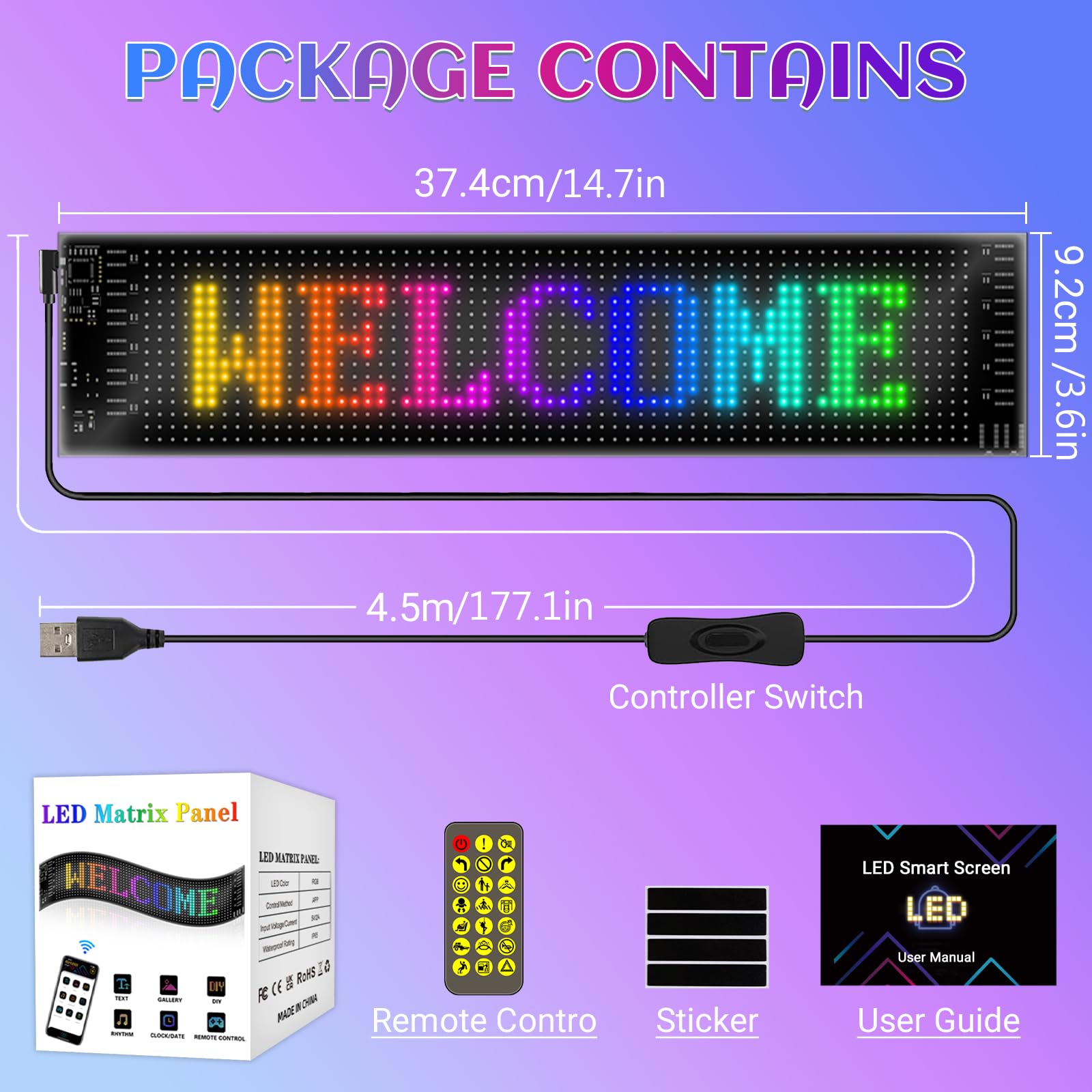 GAESHOW Oczy LED do ciężarówki, elastyczny panel wyświetlacza LED, programowalny, Bluetooth, zasilanie USB, do samochodu, ciężarówki, sklepu, baru, graffiti (37,4 cm × 9,2 cm)