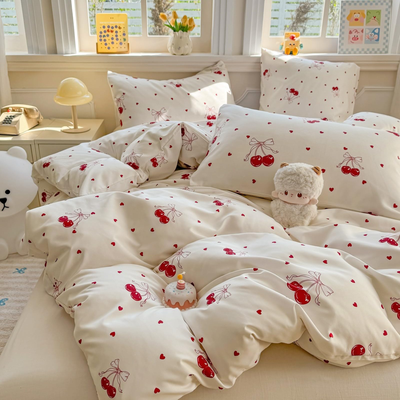 Freyamy Blumen Bettwäsche 135x200cm 2teilig Grün Weiß Blätter Pflanzen Wendebettwäsche Floral Mädchen Bettwaren-Sets 100% Microfaser Bettbezug mit Reißverschluss und Kissenbezug 80x80cm
