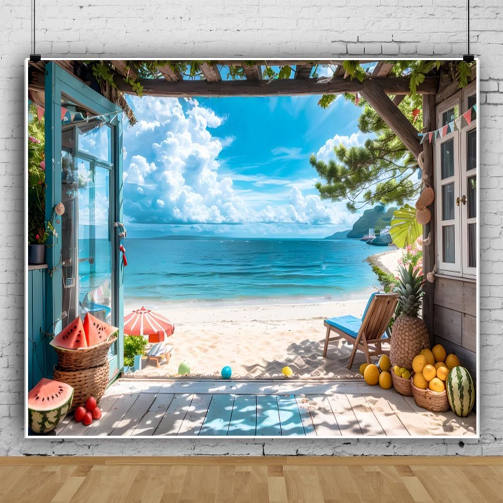 Hawaiian Beach Backdrop 10x8ft Rustic Wood House Dreamlike Tropical Summer Photography Background Seaside Scenery Luau Party Decorations Baby Shower Birthday Portrait Photoshoot Photo Props