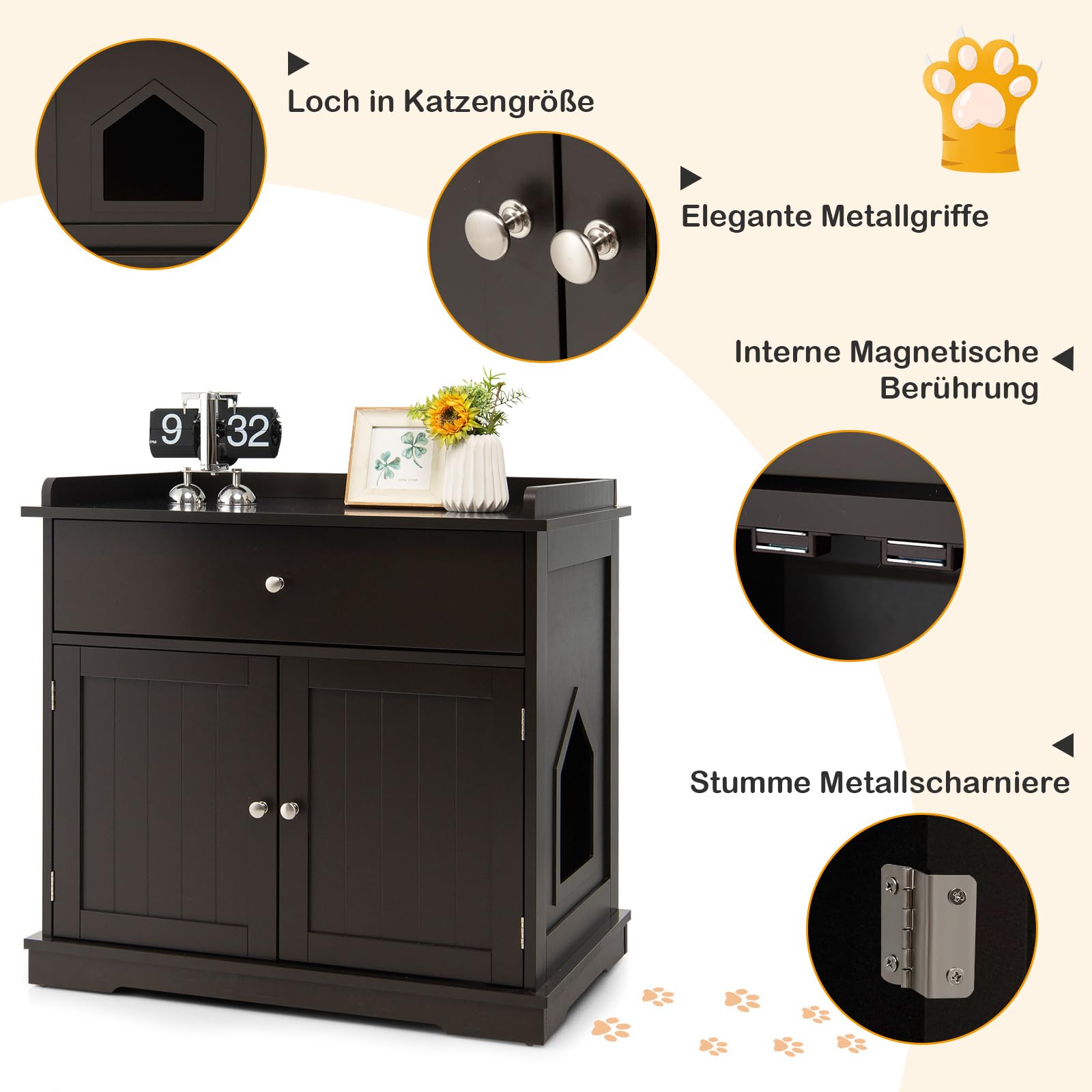 GOPLUS 3 in 1 Katzenschrank, Katzenklo mit Schubladen, Doppeltüren und Katzenlöchern, versteckte Katzentoilette, Katzenstreu-Beistelltisch für Wohnzimmer, Schlafzimmer & Balkon (Braun)