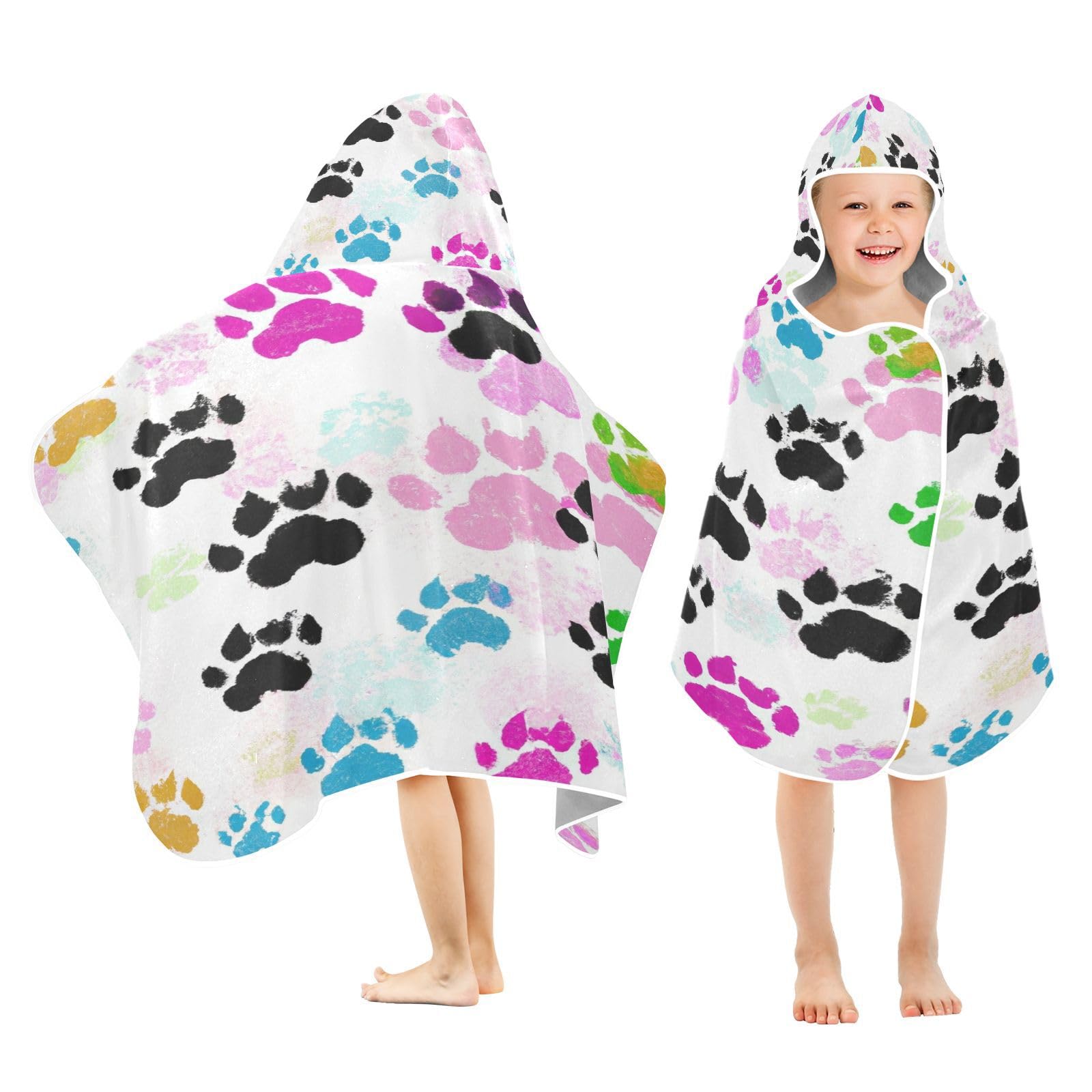 Kigai Colorful Paws Hooded Beach Towel for Kids Soft Absorbent Quick Dry Bath Towel with Hood Lightweight Toddler Shower Pool Bath Wrap for Boys Girls