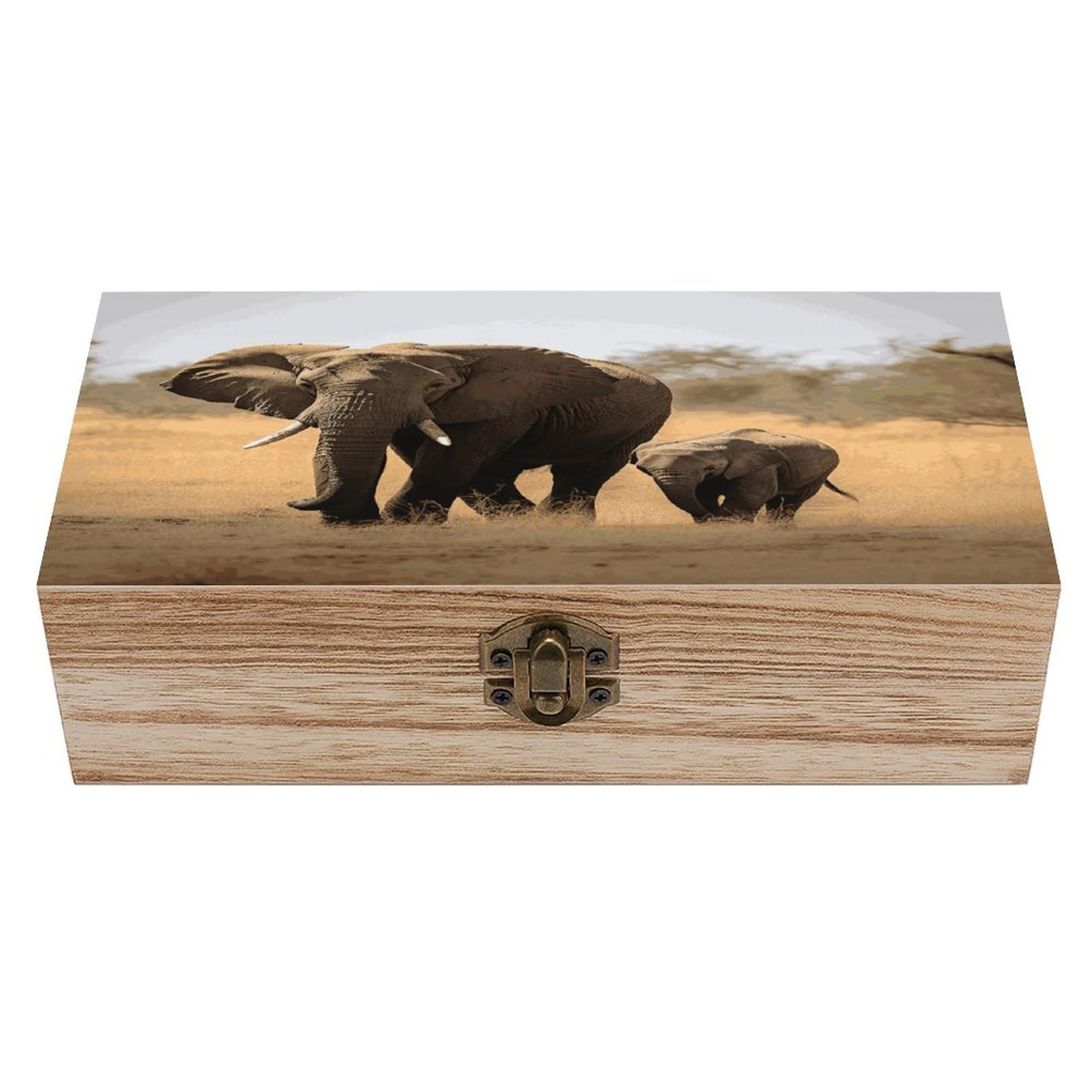 VstaDank Walking Elephants Mother And Baby Wooden Keepsake Box with Hinged Lid Solid Wood Gift Boxes Beautifully Keepsake Box Jewellery Organiser Retro Memory Treasure Case with Lids Decorative Boxes