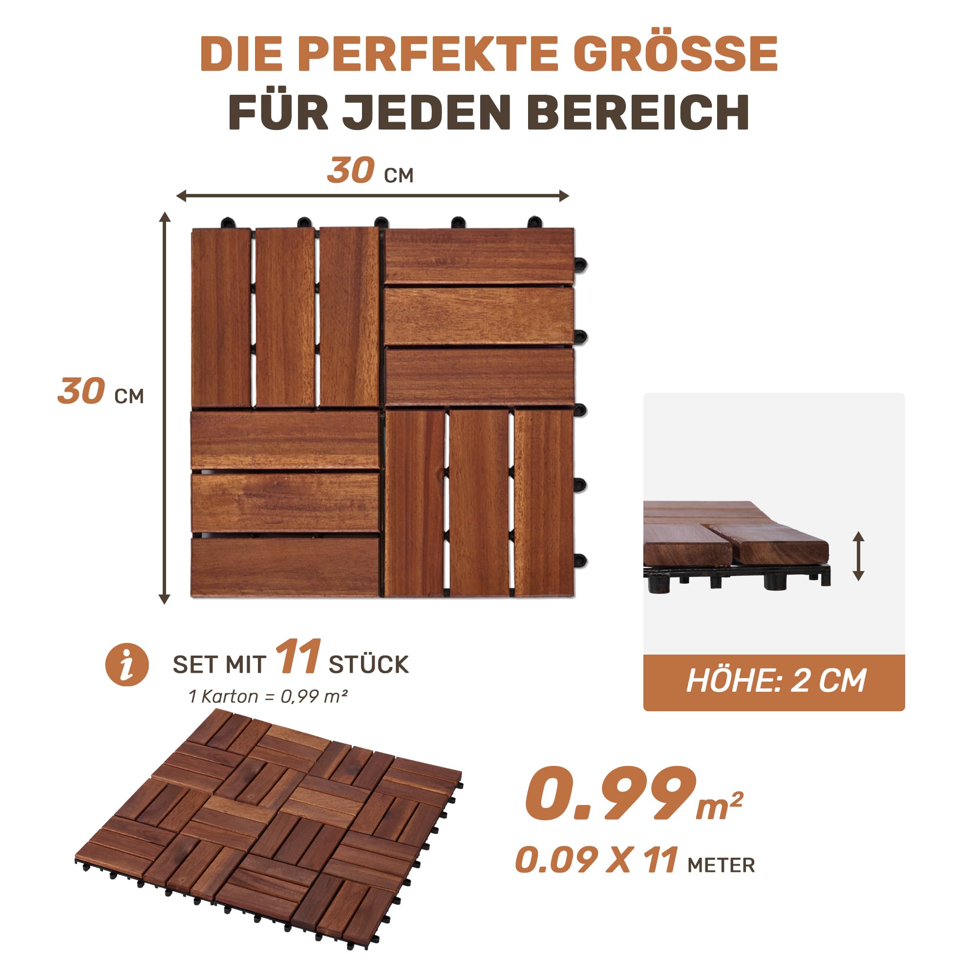 Piastrelle per terrazze in legno di acacia, sistema a incastro, 11 pezzi | 11 piastrelle in legno di acacia, 30 x 30 cm, resistenti alle intemperie, impermeabili, ritagliabili