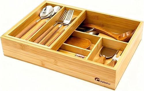 Organizador de cajones de bambú de doble capa, organizador de utensilios de cocina, bandeja de cubiertos, bandeja de utensilios extraíble, con